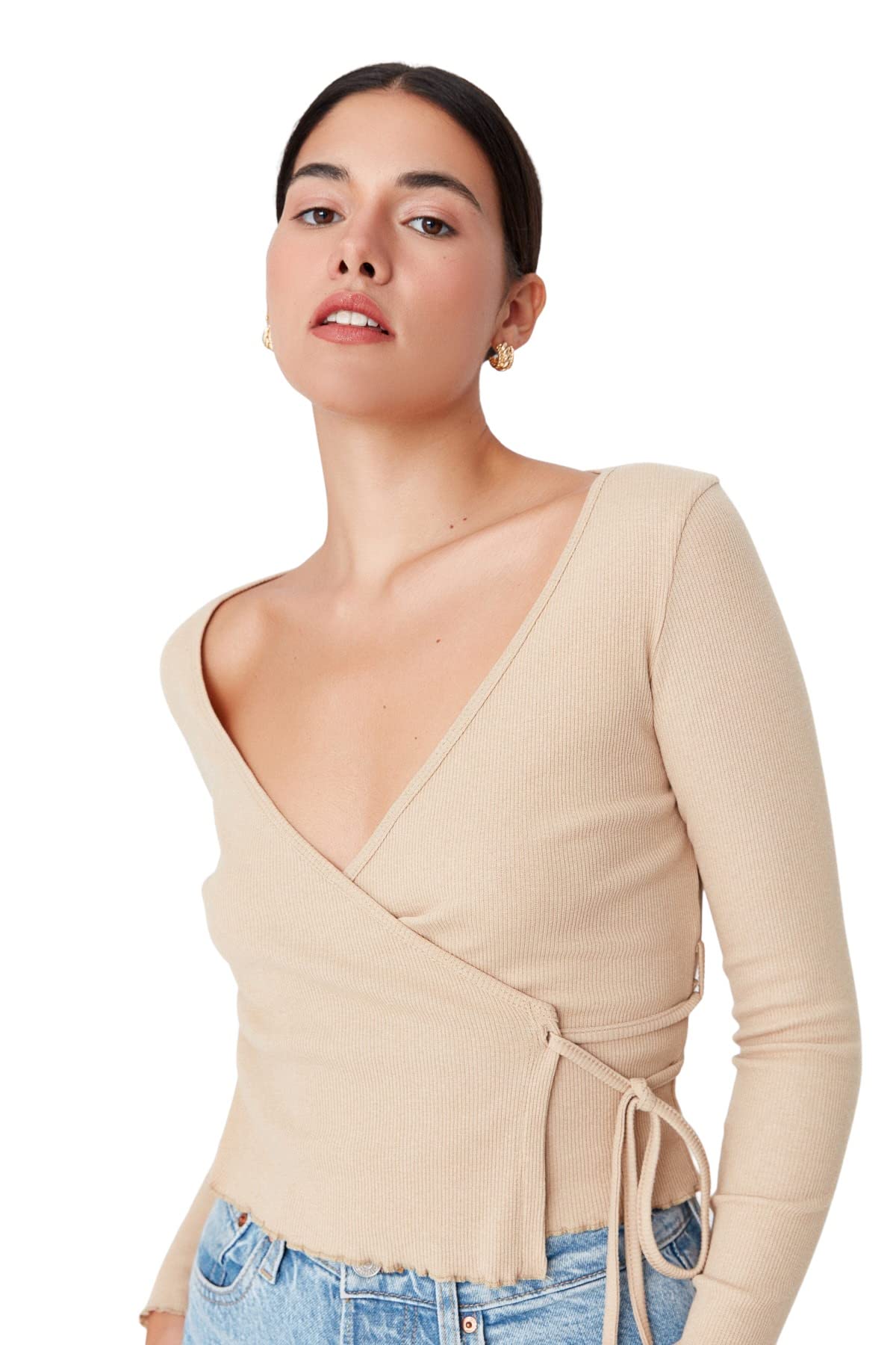 Trendyol Women Regular Bodycon Cache-Coeur Knit Blouse Beige