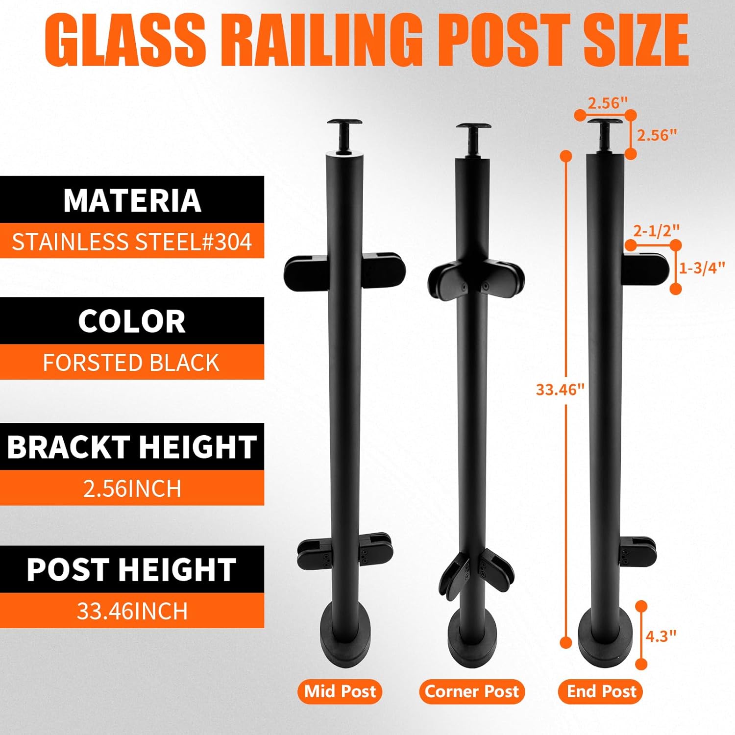 Round Glass Stair Railing Post System 43.5" Stainless Steel 304 Staircase Handrail Balusters with Glass Clamp & Rubbers,Black Metal Balustrade Suitable for Stairs,Terraces,Gardens(End Post)