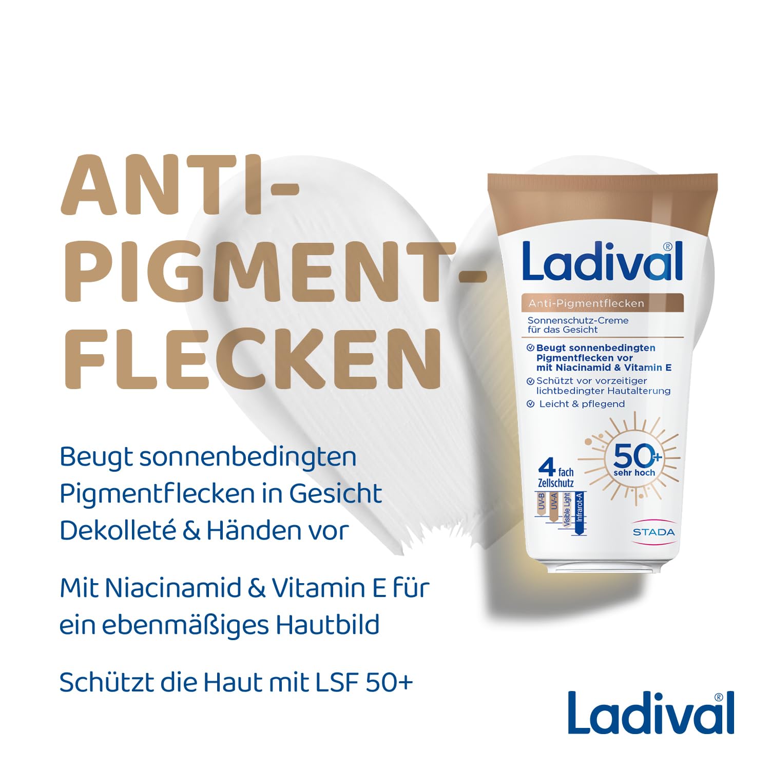 Ladival Anti-Pigmentflecken Sonnenschutz-Creme Gesicht LSF 50+: Sonnencreme beugt Pigmentflecken vor mit Niacinamid & Vitamin E, mit 4-fach Zellschutz, 50ml