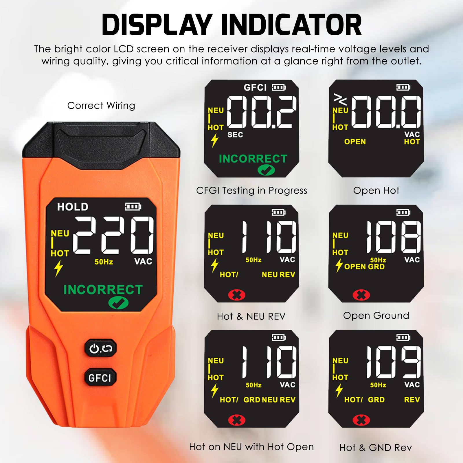 Wiederaufladbares Leitungssuchgerät-Set mit Stromkreisprüfer, GFCI-Steckdosenanalysator, NCV-Spannungssensor, LCD-Display, LED-Taschenlampe, Ton- & Lichtanzeigen, Tasche