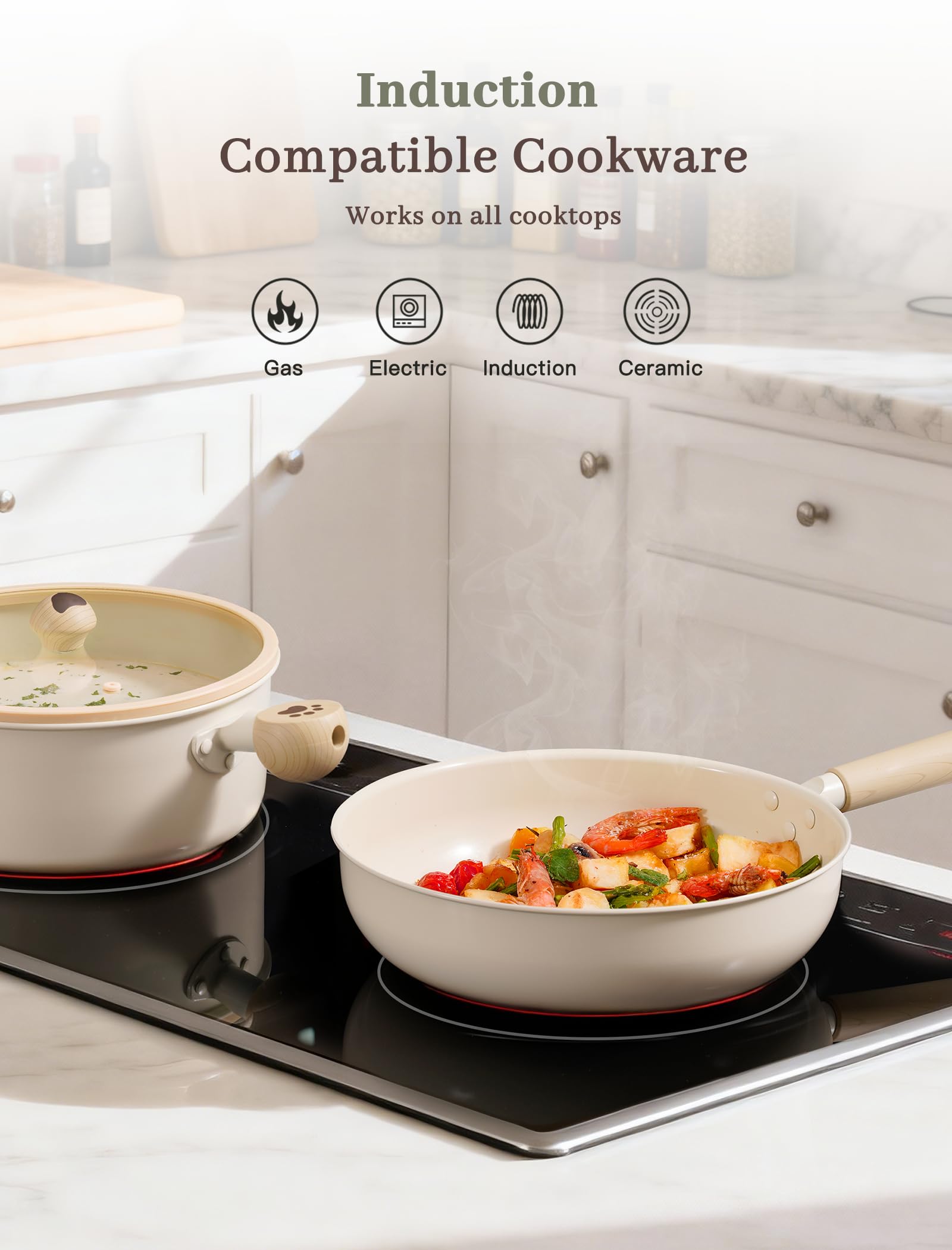 Astercook Topf- und Pfannenset, antihaftbeschichtet, ungiftig, 18-teiliges Keramik-Kochgeschirr | Spülmaschinenfestes Induktions-Kochgeschirr für das tägliche Kochen und Einweihungsgeschenke