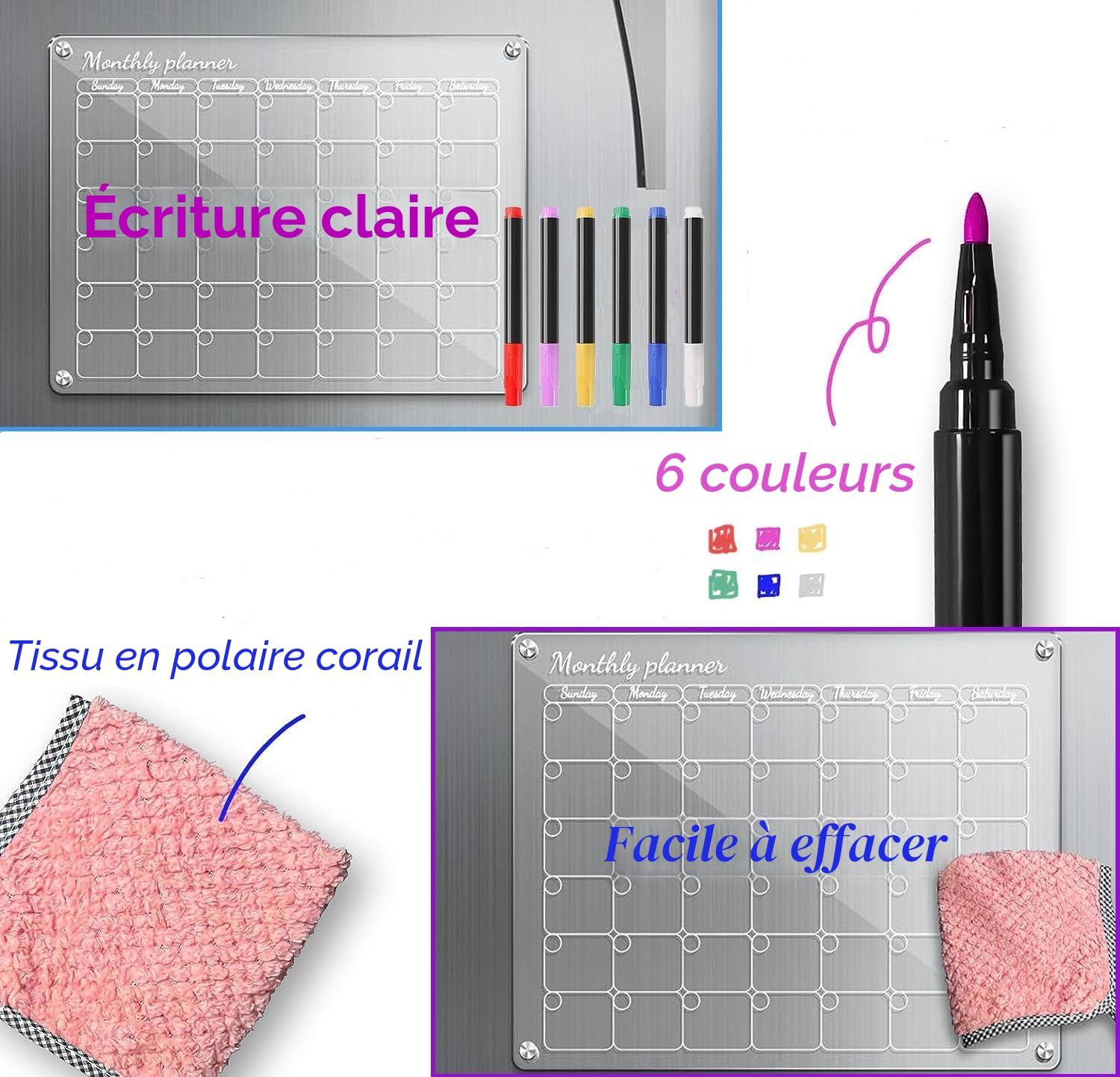 Lot de 2 Calendriers Magnétiques Frigo, Calendriers magnétiques effaçables pour le réfrigérateur, calendrier acrylique transparent, carte de planification mensuelle et hebdomadaire