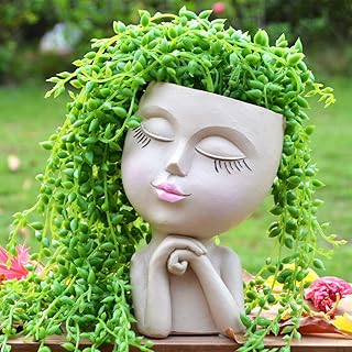 Face Planter Pot Head Planters, Lady Heads Flowerpot, Cute Girl Faces Plant Pot, Bust Statue Flower Pots, Round Women Succulent Pots for Indoor Outdoor Plants, Modern Vase with Drainage (7" Cream)