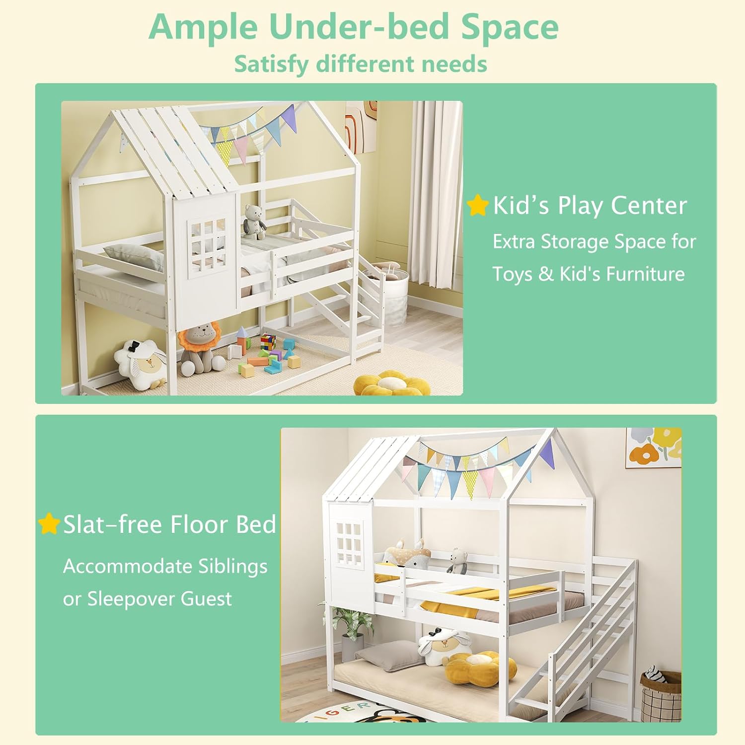 Versatile under-bed space of the KOMFOTT bunk bed, showing options for a play center or slat-free floor bed