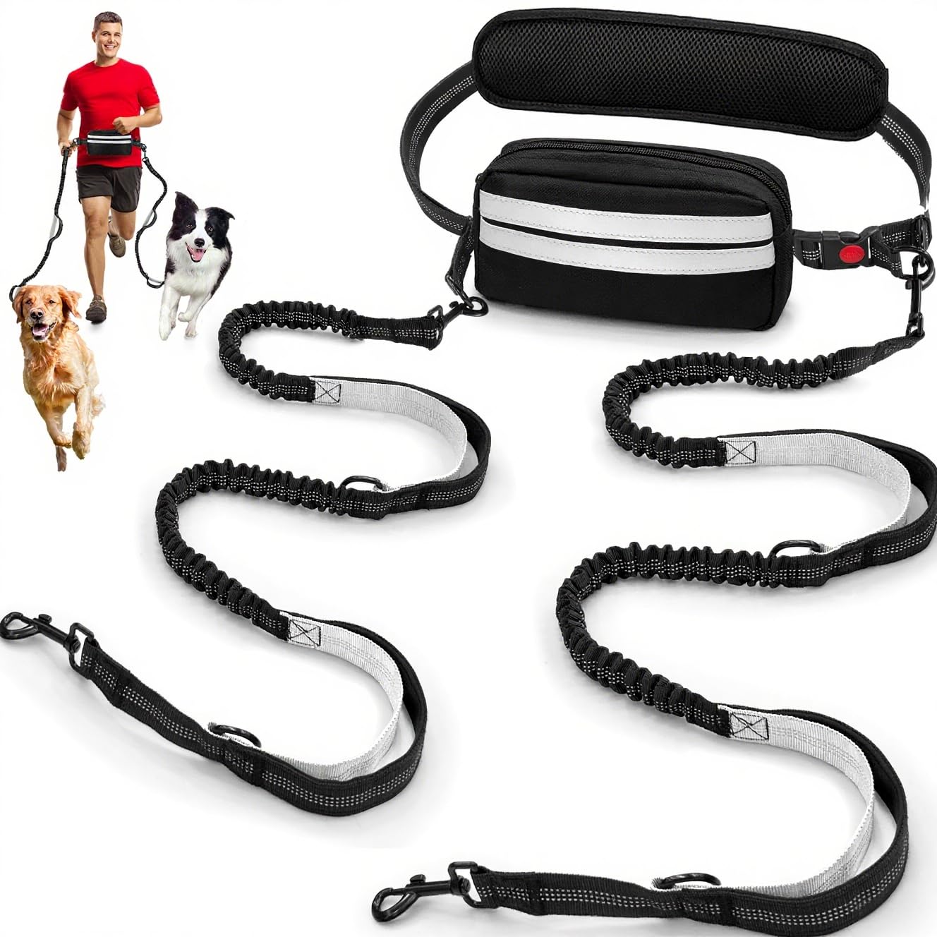 Hands Free Dog Leash for 2 Dogs with Safety Lock and Extra-Thick Waist Belt, Waist Leash for Dog Walking Running, Double Retractable Dog Leashes for Two Dogs with Double Padded Handles, Black