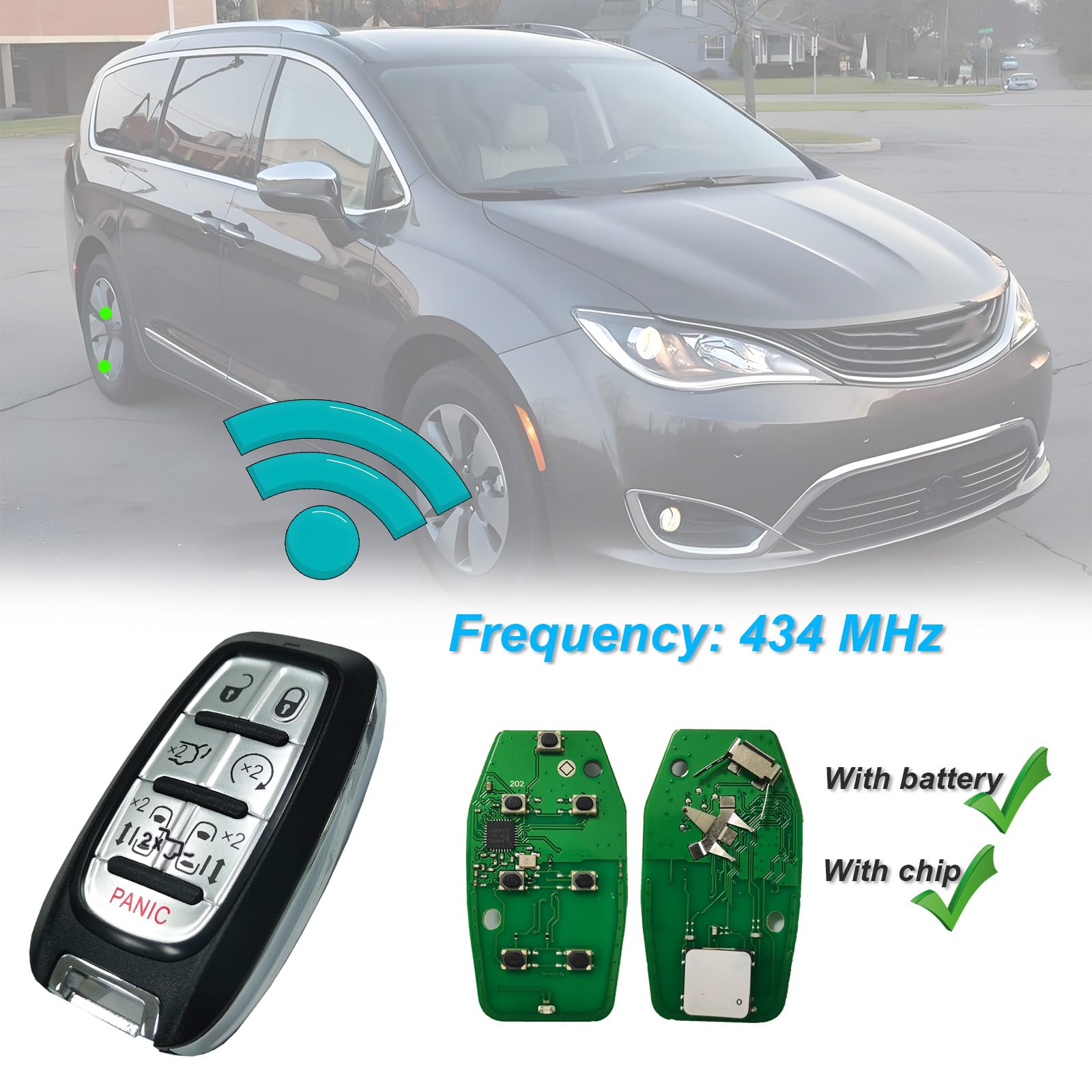 Llavero inteligente de repuesto para Chrysler Pacifica 2017, 2018, 2019, 2020, 2021, 2022, 2023, 2024, Chrysler Voyager 2020-2024, control remoto de entrada sin llave, FCC ID: M3N-97395900. Frecuencia