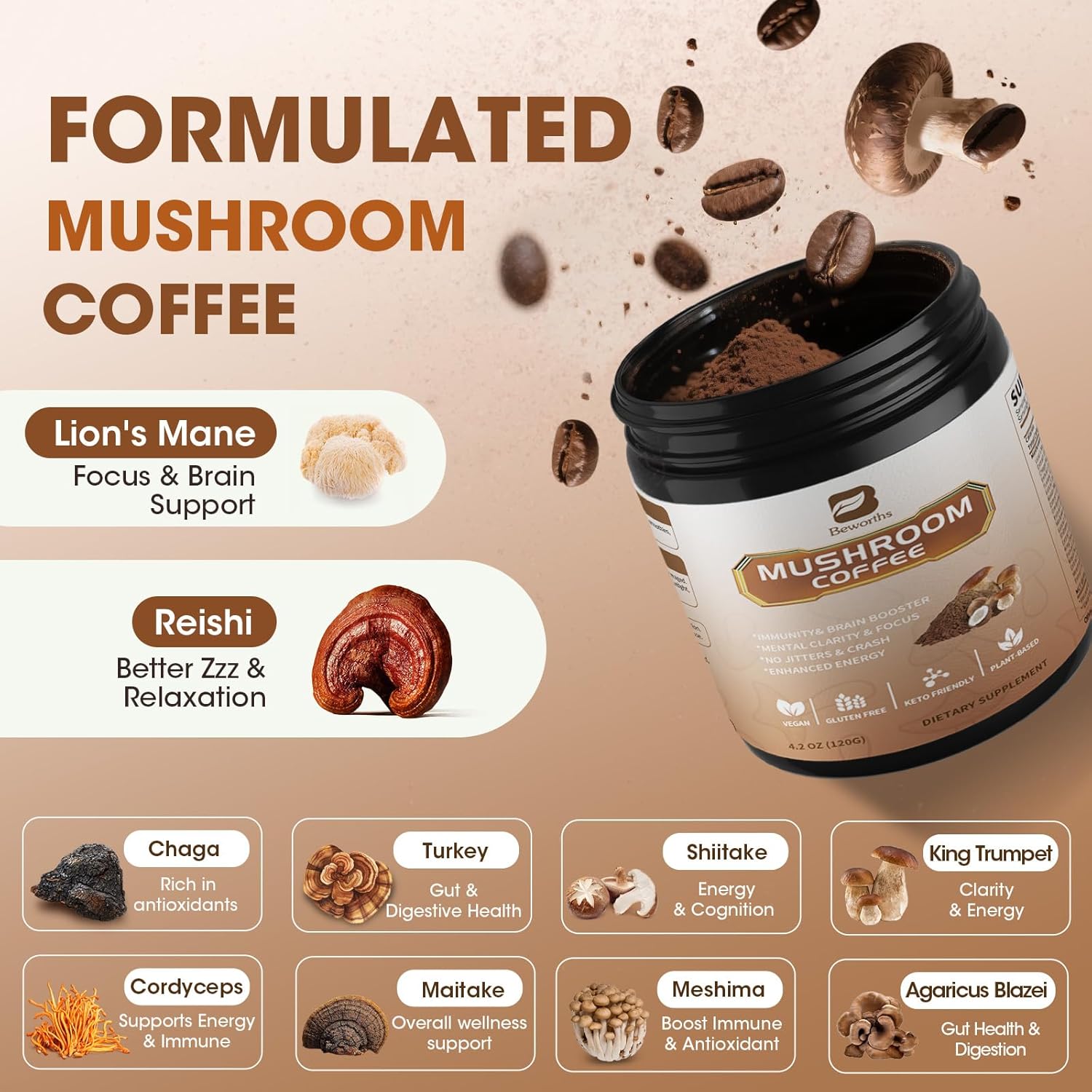 Mushroom Coffee Powder with MCT Oil - 10 Mushrooms Lion's Mane, Turkey Tail, Reishi, Cordyceps & Chaga - Arabica Instant Mushroom Coffee for Focus, Immune, Gut & Brain Health | Vegan, Keto - Image 3