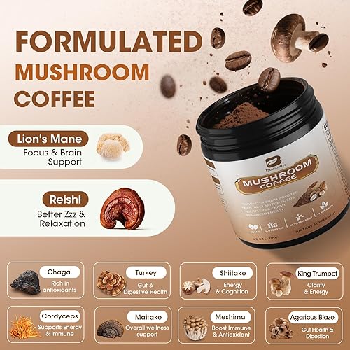 Miniatura 3 de Café en polvo de hongos con aceite MCT, 10 hongos melena de león, cola de pavo, reishi, cordyceps y chaga - Café instantáneo de hongos arábica para