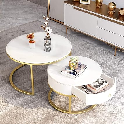 BROWN ART SHOPPEE Coffee Tables Living Room Table Sets, Sofa Center Table Round End Tables with Wooden Drawer and Metal Frame Home Decor Table (Gold & White)