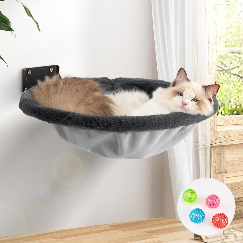 Rede de Parede para Gatos JUNSPOW Dobrável com Estrutura Metálica e Pelúcia de Coelho Falsa Cinza 47,0 x 42,5 x 6,5 cm