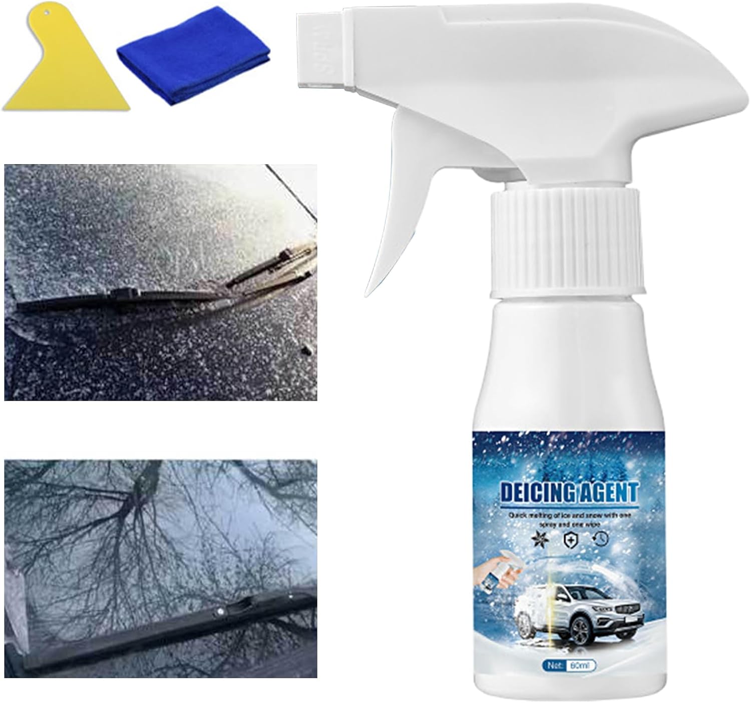 Deicer for Car Windshield | 60ml Window Ice Removal Agent - Windshield Defrost Spray with Sponge and Towel | for Automotive Truck Window Winter Snow Freezing Weather