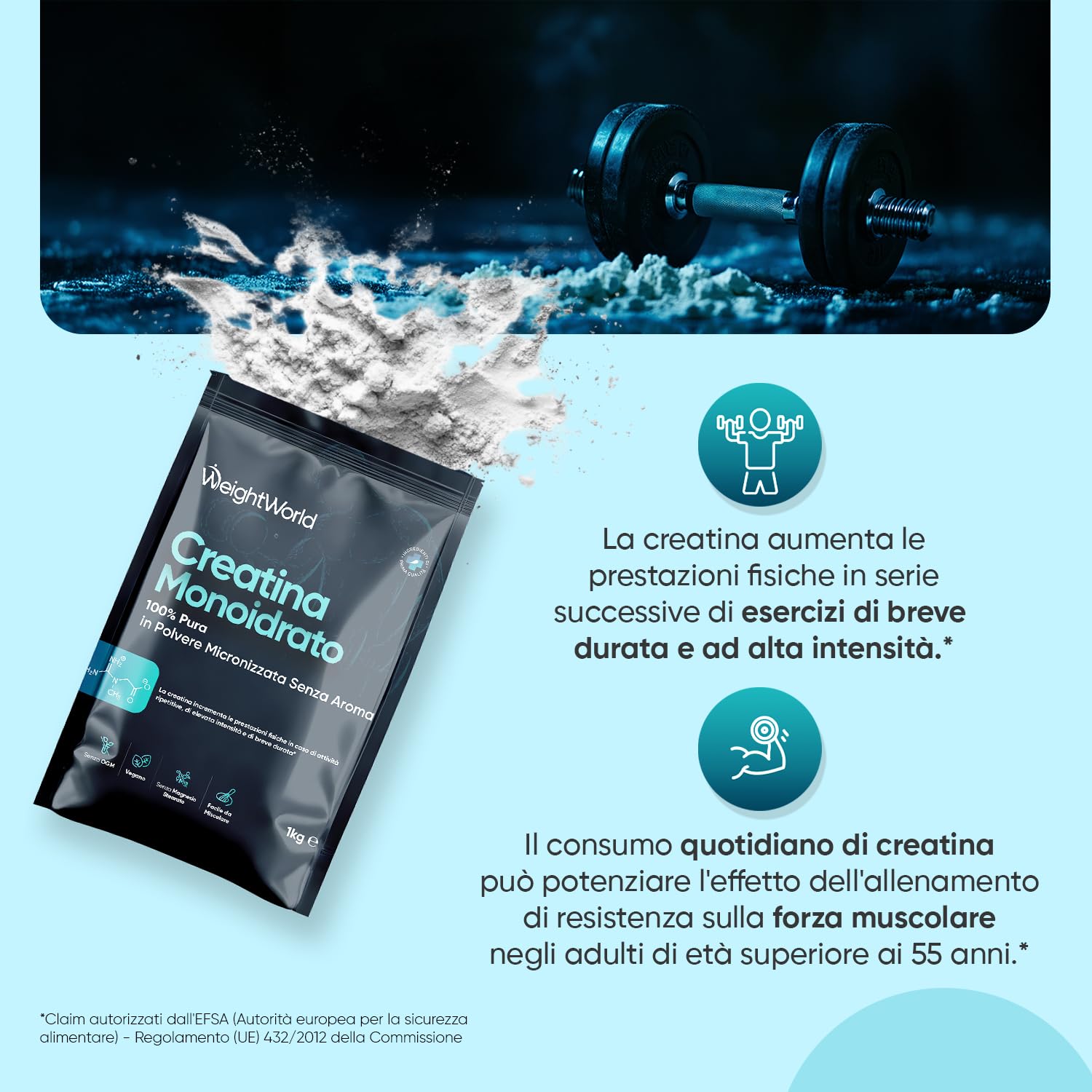 Creatina Monoidrata in Polvere da 1kg Vegana, 3000mg, 330 Dosi (Fornitura di 10+ Mesi) Creatina in Polvere Micronizzata Pura con Misurino, Pre Workout, Intra e Post Workout, Senza Magnesio Stearato
