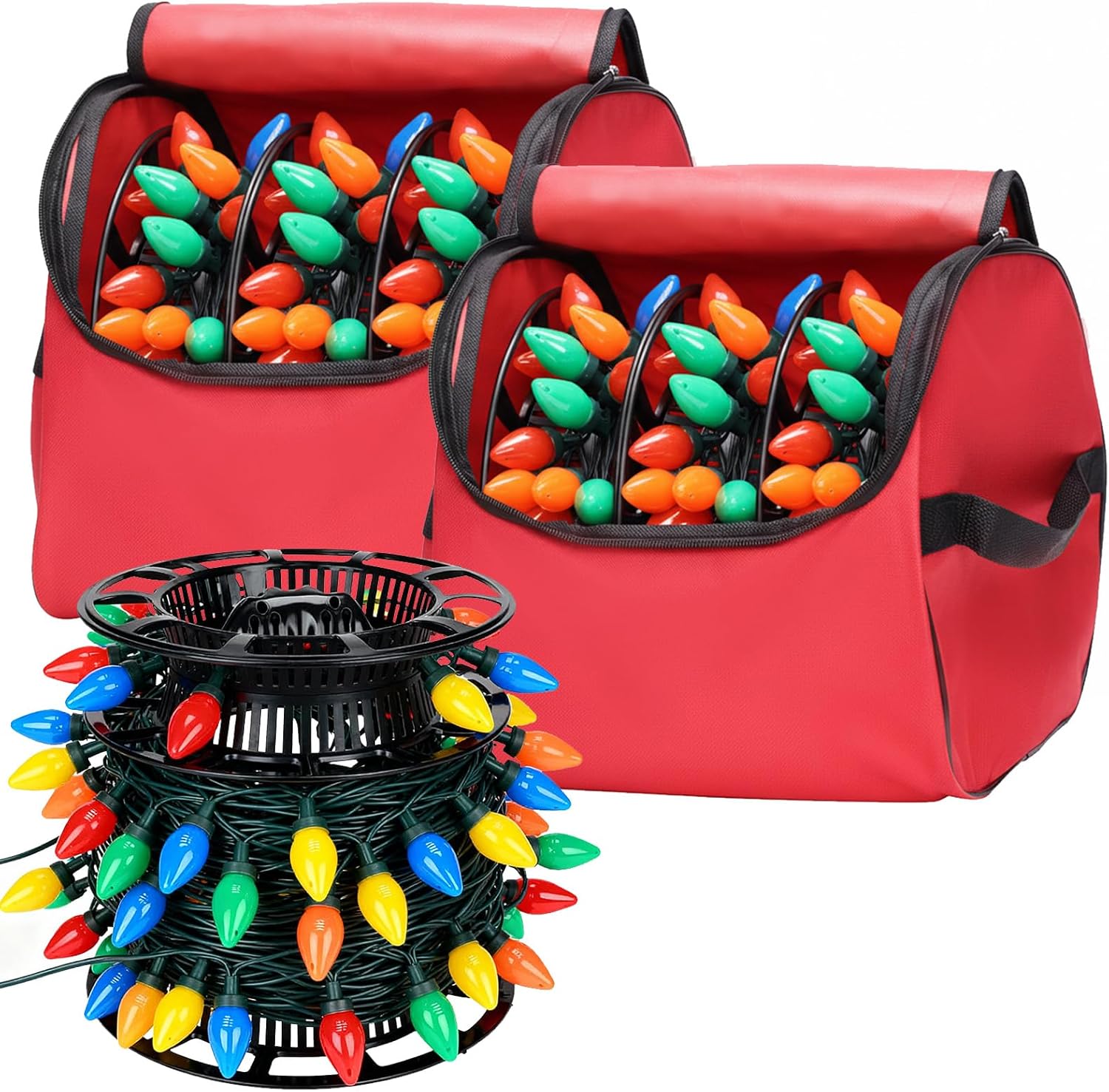 Christmas Light Storage Bag, Heavy Duty Tear-proof 600D/Inside PVC Material with Reinforced Handles, 3 Reels Stores up to 175 Ft of Mini Tree Lights & Extension Cords (2-Pack/Red)