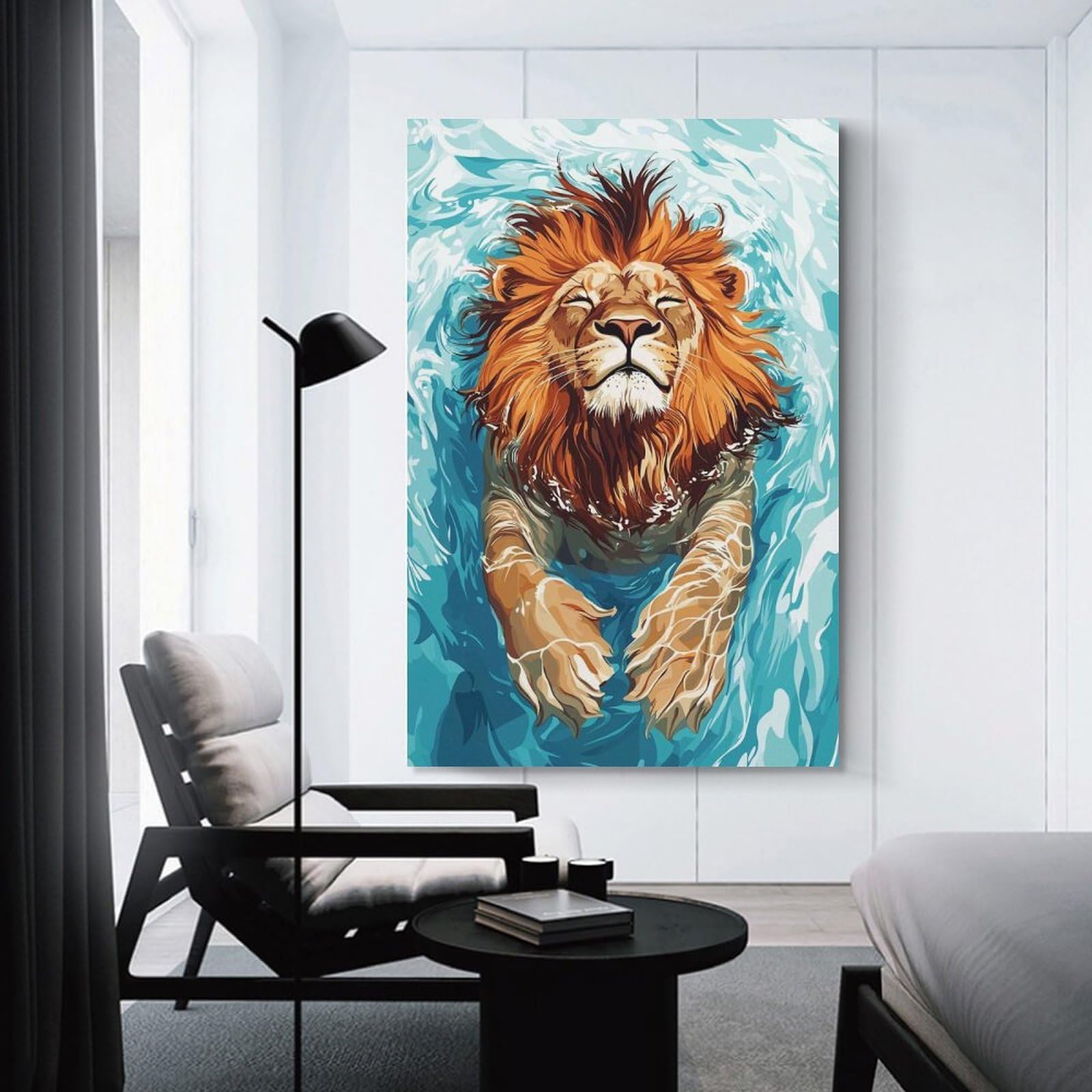 Junmoney Lion Swimming in Blue Water Canvas Wall Decor, 24x36inch(60x90cm), for Bedroom, Guest Room Or Reading Nook, Canvas Wall Decor for Personal Spaces