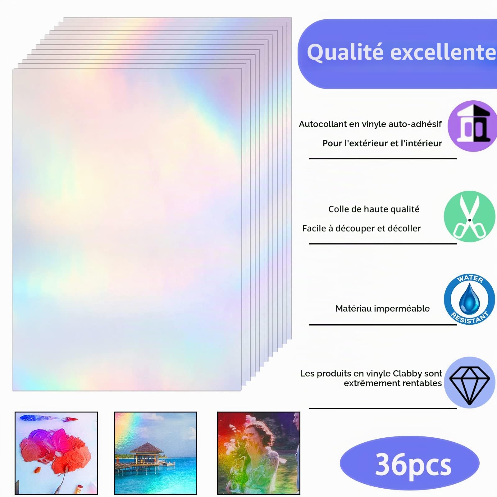 36 Feuilles Transparentes Holographiques Papier Autocollant Holographique A4 Film Vinyle Holographique Auto-Adhésif Étanche à Motifs, 11,7 x 8,3 Pouces (Coloré)