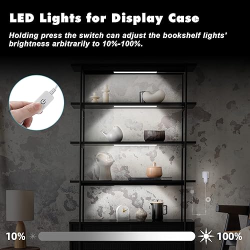 Vista 3 de JUSJUBR Paquete de 4 luces de estante de exhibición de color blanco frío, iluminación debajo del estante con función de memoria, iluminación