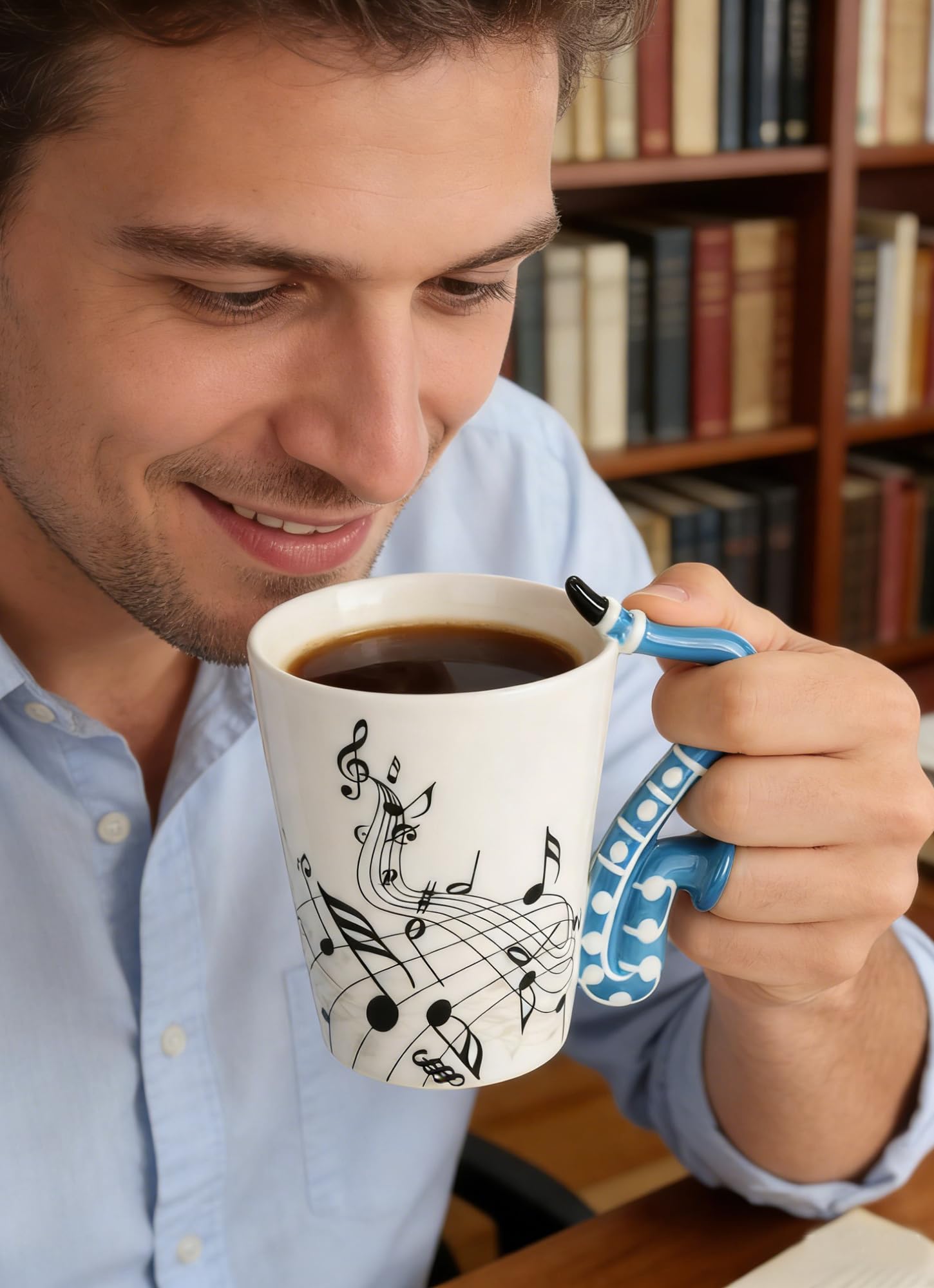 Saxophone Novelty Mug Musical Gift Coffee Cup with Spoon, Music Teacher Gifts,Music Lovers for Holidays Gift for Mother's Day,Fathers Day,Men,Woman (Blue)