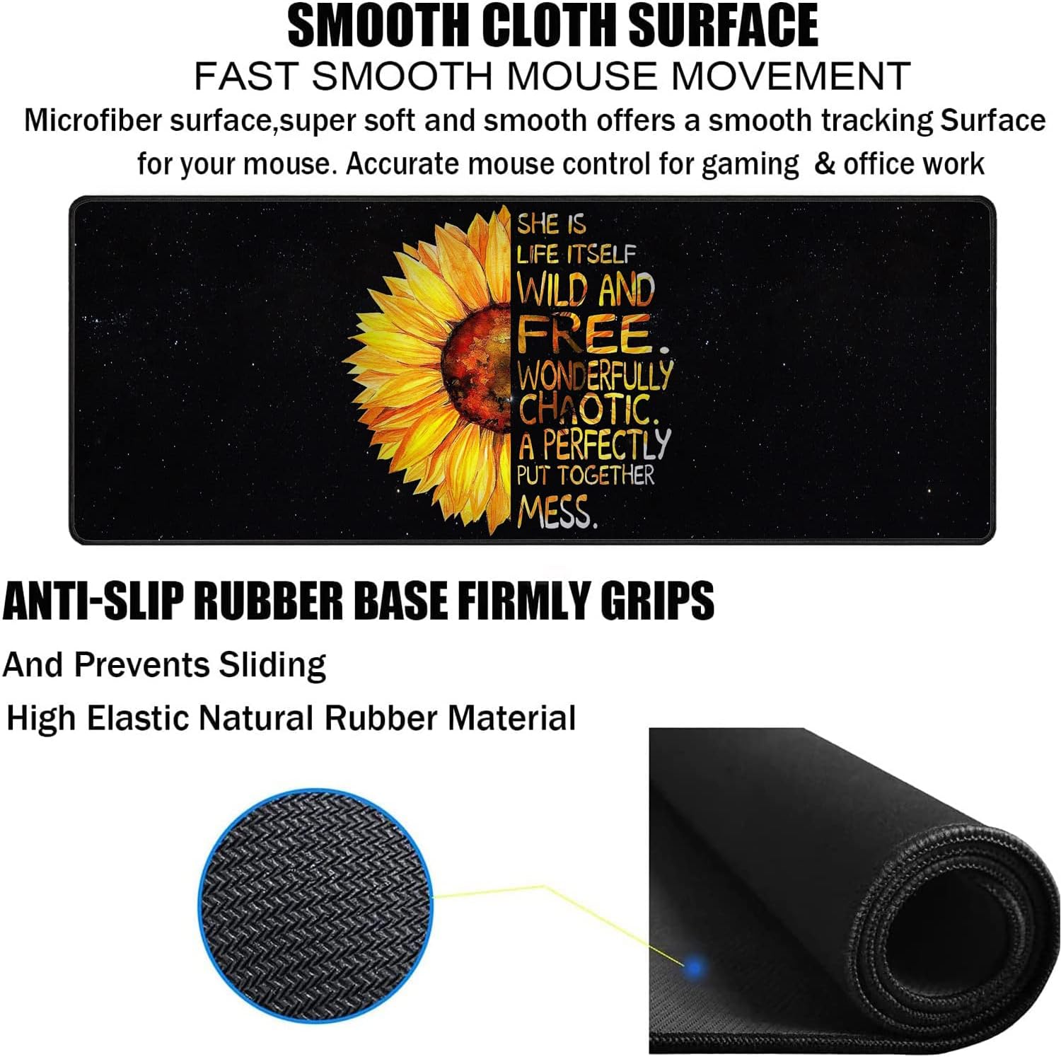 Large Gaming Mouse Pad, Keyboard Wrist Rest pad + Mouse Wrist pad + Coaster Set Extended Waterproof Non-Slip Table mat Suitable for Home Office Learning Games - Watercolor Sunflower