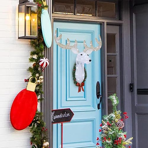 Miniatura 6 de WATERGLIDE Cabeza de reno iluminada para decoración de pared, 28 pulgadas, corona colgante de Rudolph 3D preiluminada con pilas, 8 modos y