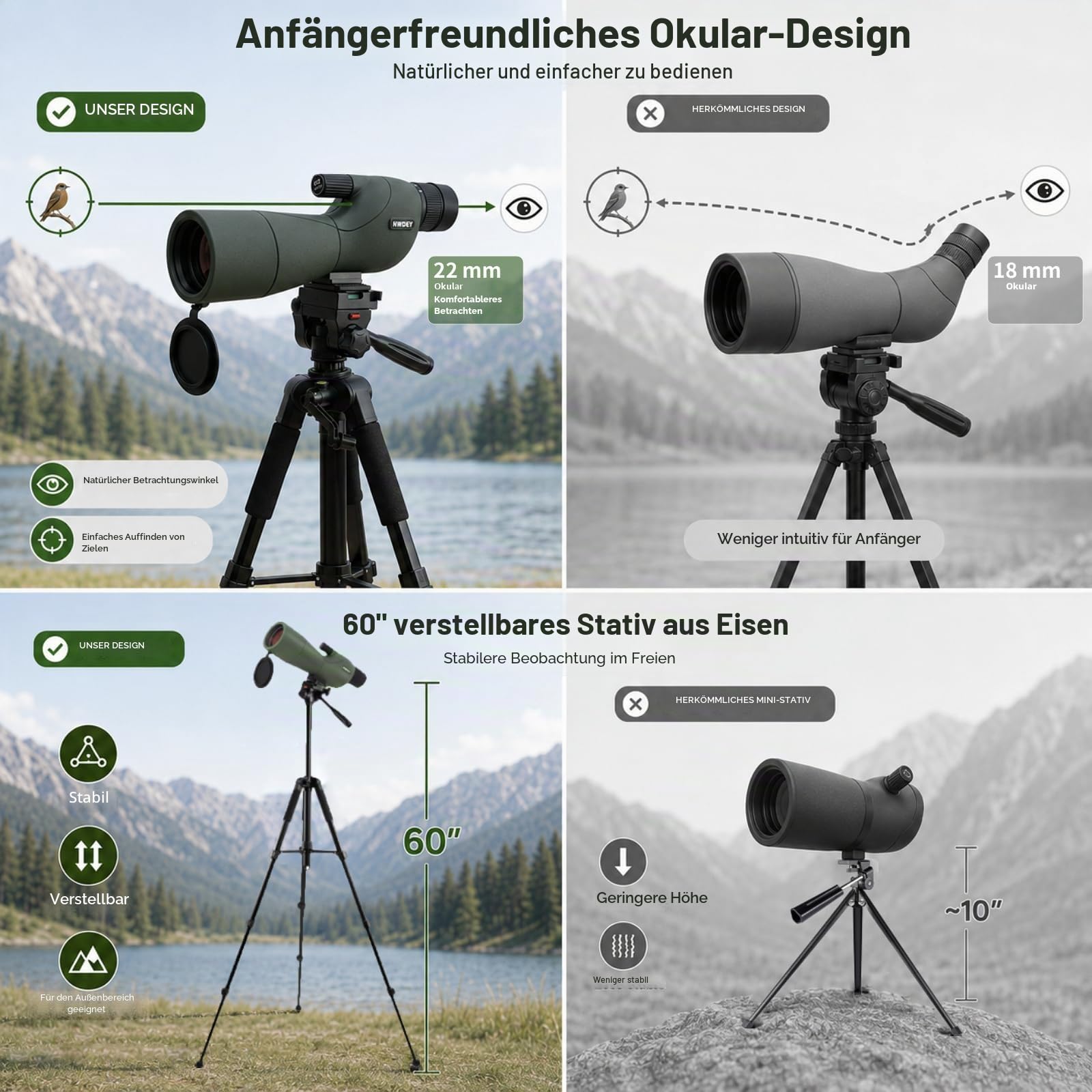 NWDEY 25-75X60 Spektiv mit 51 Zoll Stativ Spektiv für Zielschießen Jagd Vogelbeobachtung Low Light Vision Telefonadapter Tragetasche BAK4 Prisma FMC Objektiv Wasserdicht (ArmyGreen)