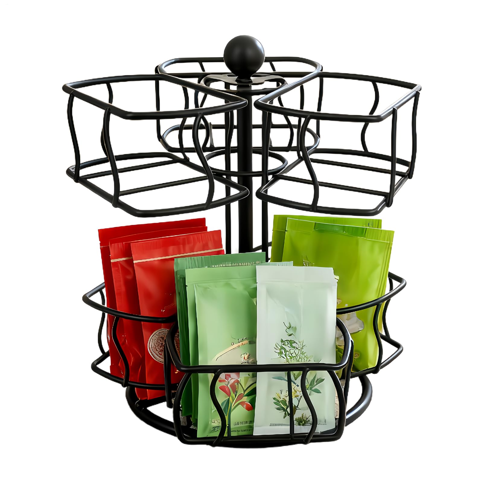 Carrousel porte-sachets de thé, organisateur de dosettes de café rotatif en métal à 2 niveaux – Panier à thé, café, sucre, pour bureau, cuisine, comptoir, placard, garde-manger, appartement