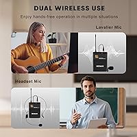 Vista 5 de Sistema de micrófono inalámbrico de solapa con auriculares y micrófonos Lavalier, juego de micrófonos UHF Pro de 4 canales con transmisor de paquete