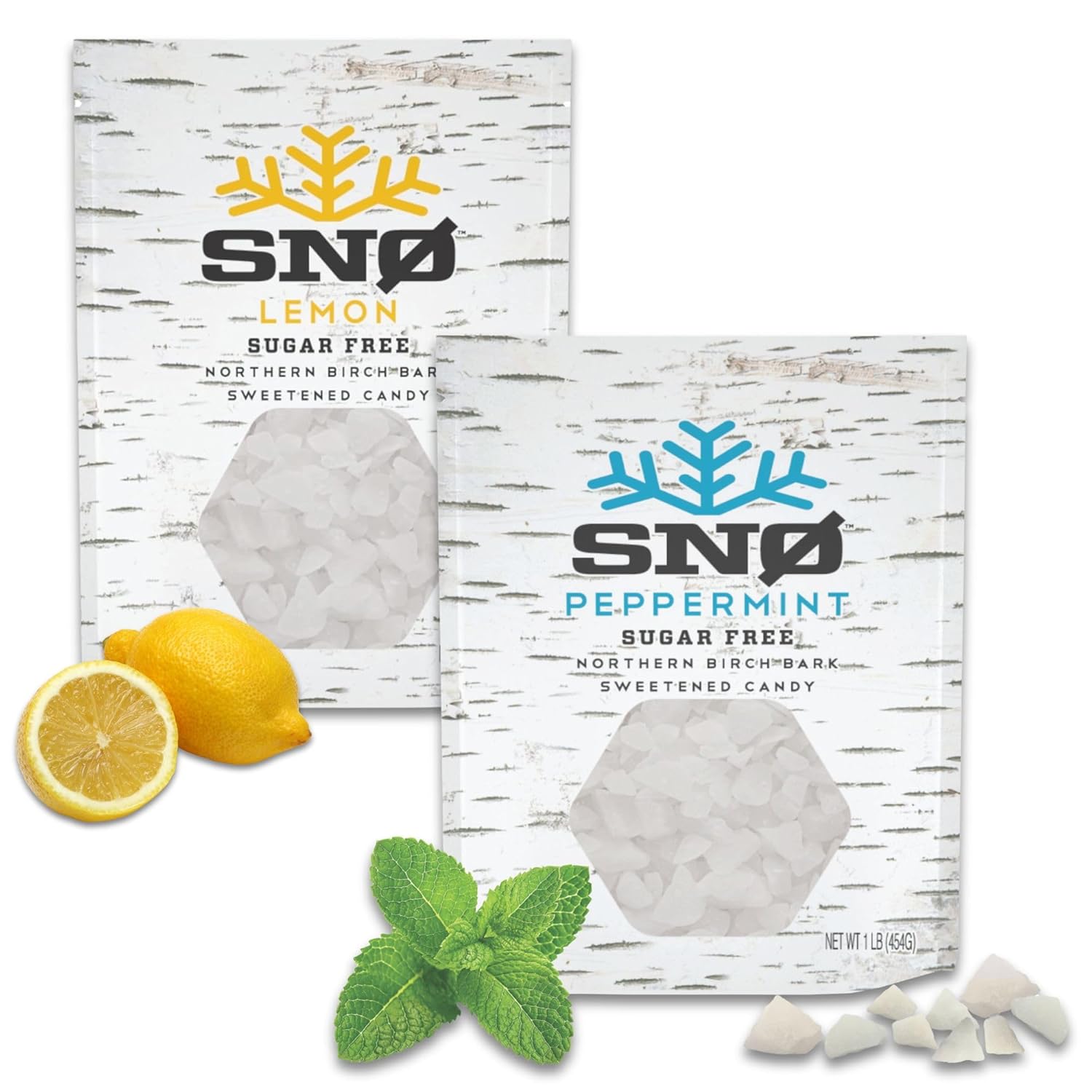 SNØ Peppermint & Lemon Xylitol Candy Chips - SNØ (1LB Bag x 2) - Sugar-Free Candy With Only 2 Ingredients | Pure Birch Xylitol | Low Carbs, Diabetic-Friendly, Non-GMO, Vegan, GF & Kosher