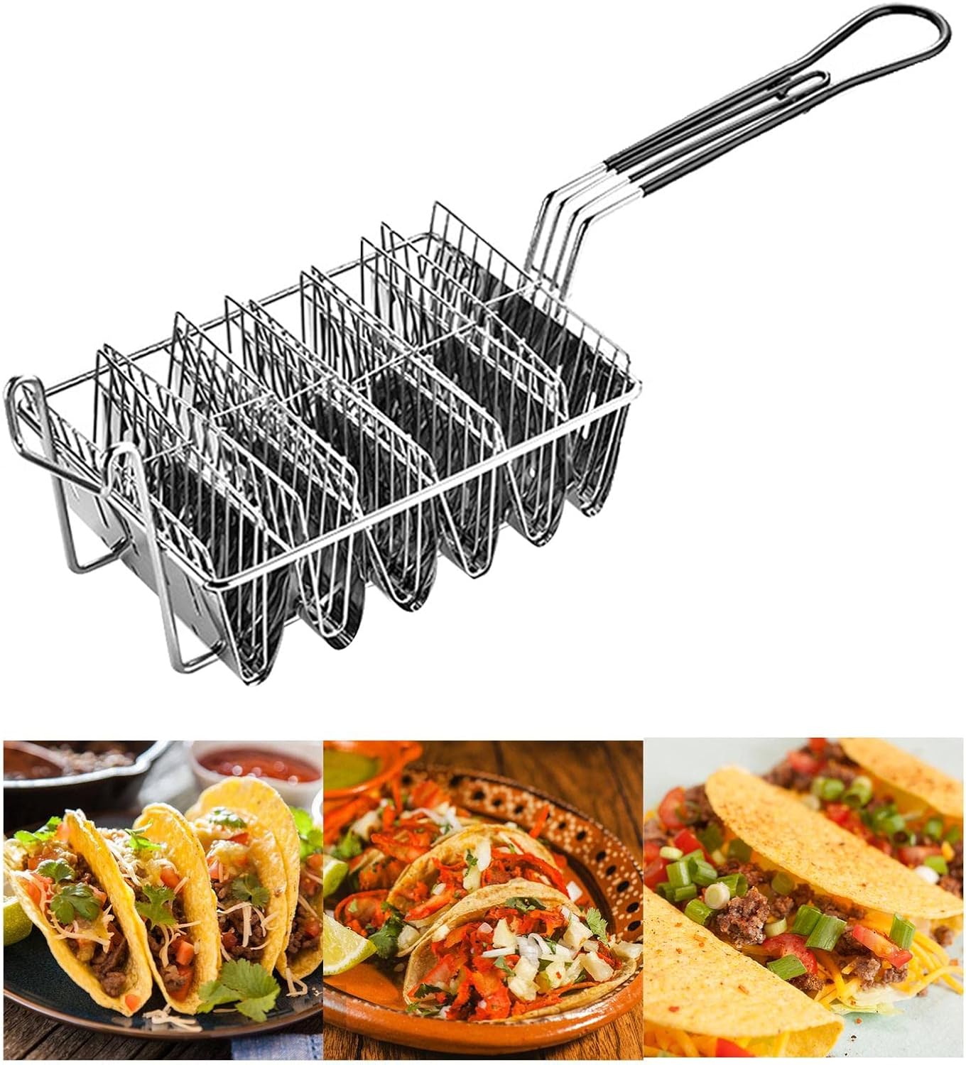 Taco Shell Tortillas with Grip Handle Burritos Kitchen Fried Basket for Party, 6 Grid V Shape