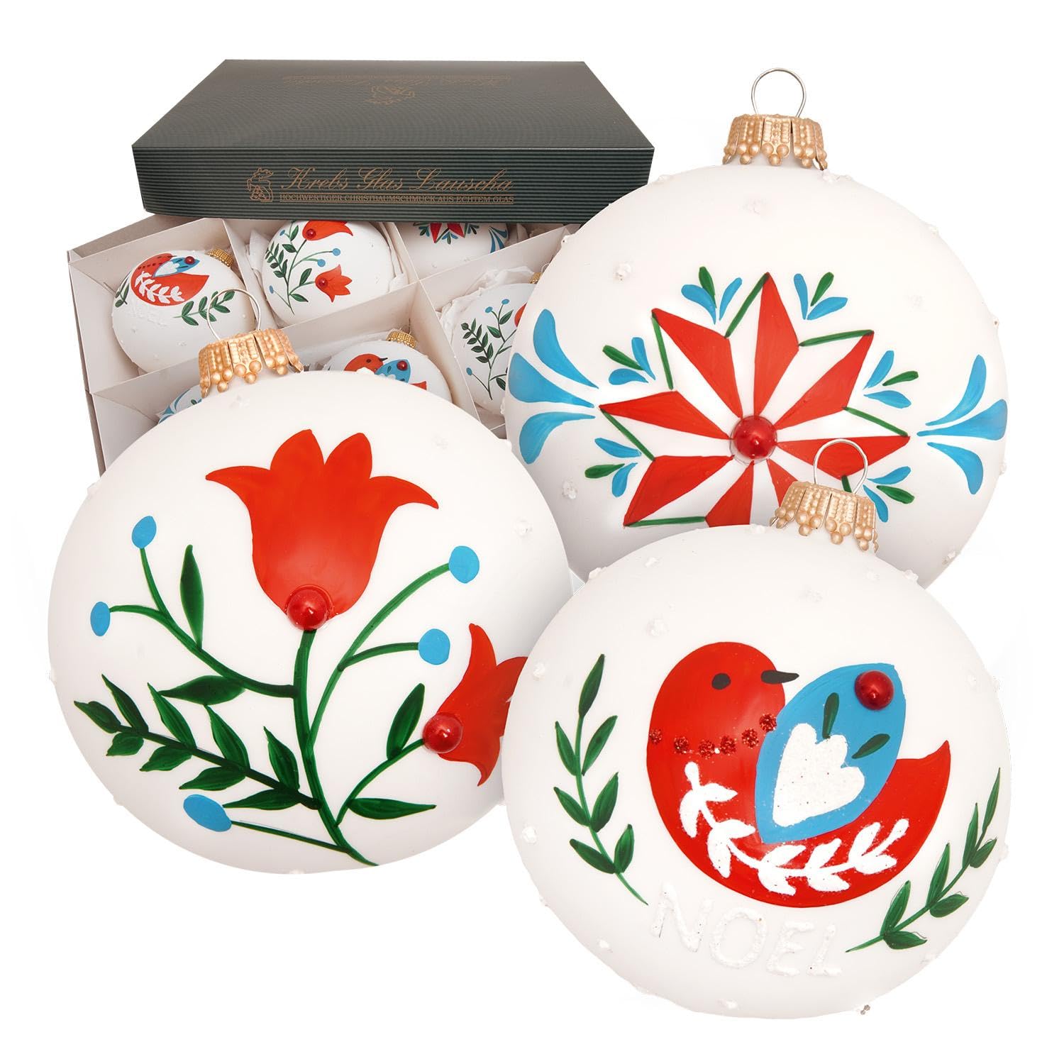 Krebs Glas Lauscha Bolas de Navidad para jardín, color blanco, 8 cm, juego de 6 unidades, sopladas artesanalmente y hechas a mano, elegantes adornos de cristal blanco para decoración navideña con
