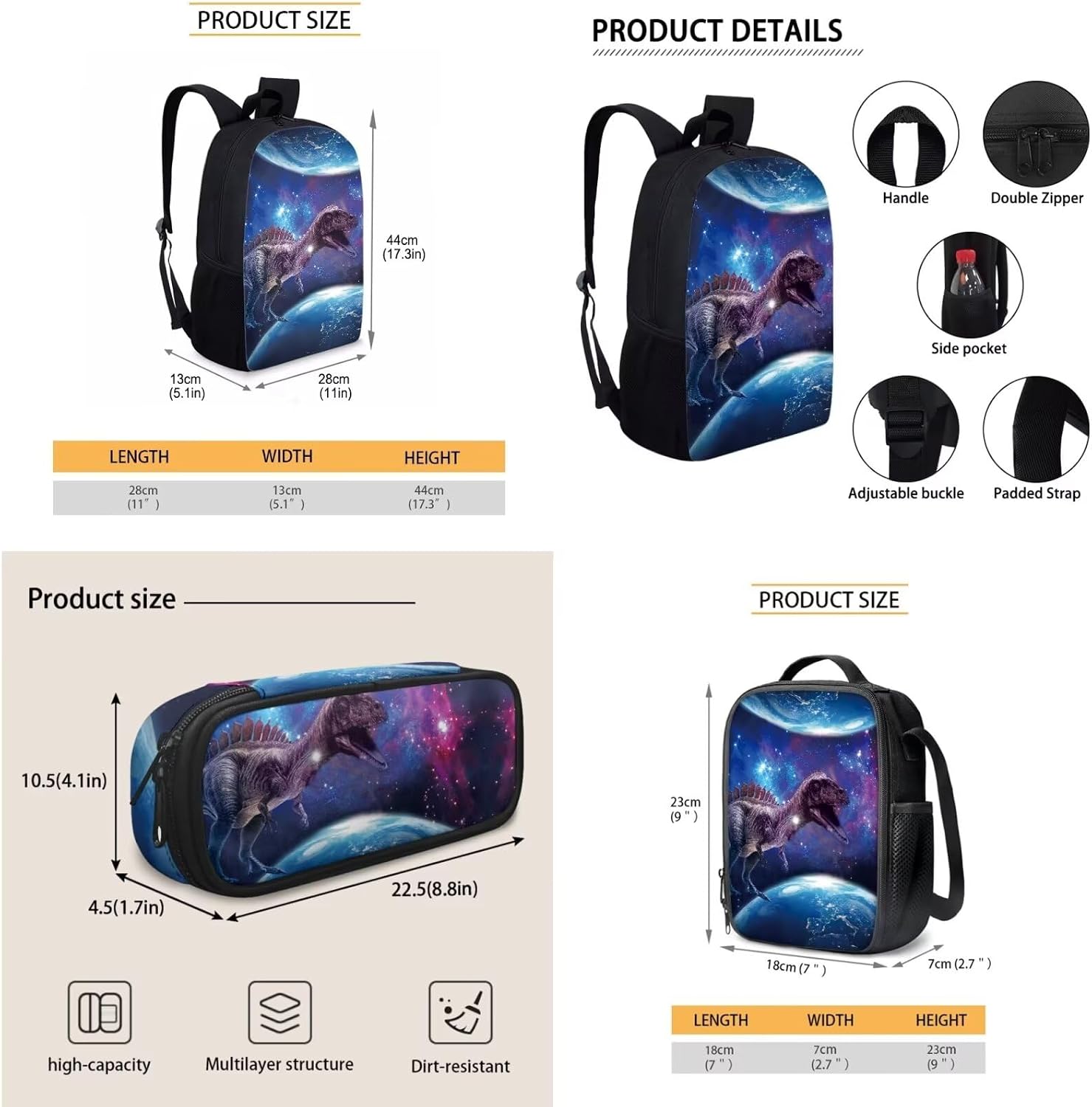 Galaxy Dinosaur Print Boys Girls Backpack with Lunch Box, Kids Backpacks for Elementary Hight School Bookbag Outdoor Travel Lunch Bag Pen Pouch Set,Carry-On Packs,Unique Gift (Blue)