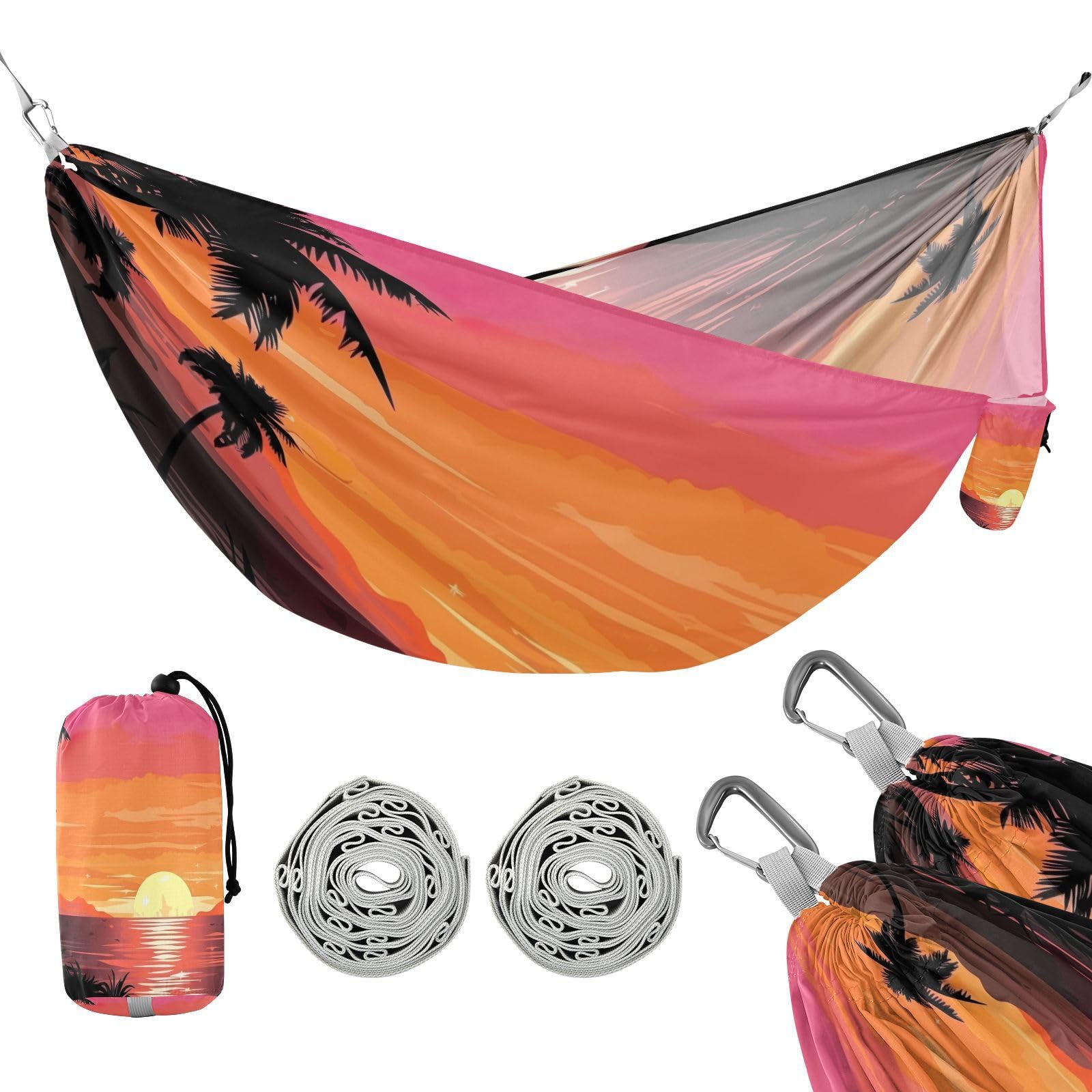 Haskirky Sunset Tree Camping Hammock, Single Portable Hammocks with Tree Straps & Attached Carry Bag, 330Lbs Capacity Perfect for Outside Indoor Hiking Beach Backpack Travel