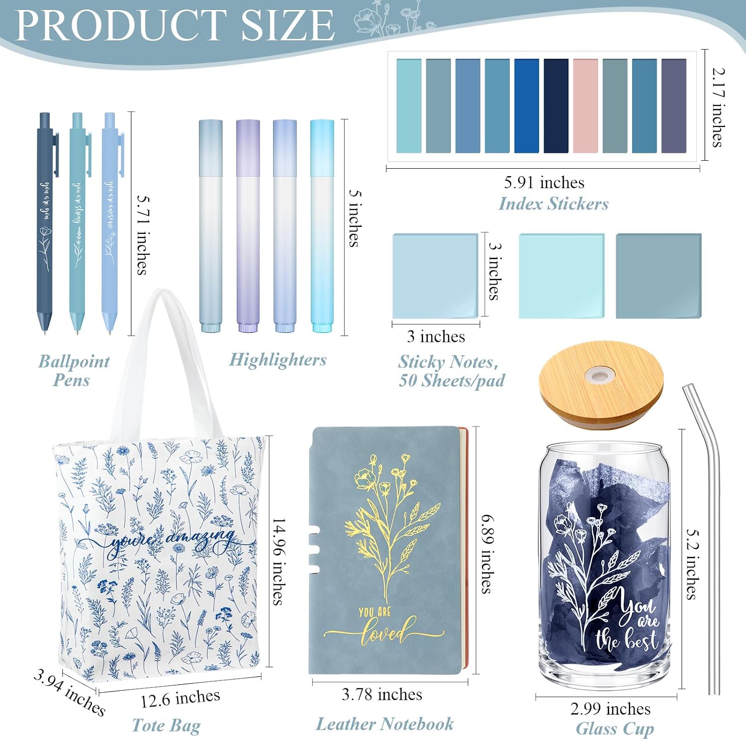 14 Pcs Inspirational Journal Kit for Women Teacher Appreciation Aesthetic A6 Leather Journal Notebook Glass Cup Canvas Tote Bag Motivational Pens Stationery Set for Nurse Mother(Blue)