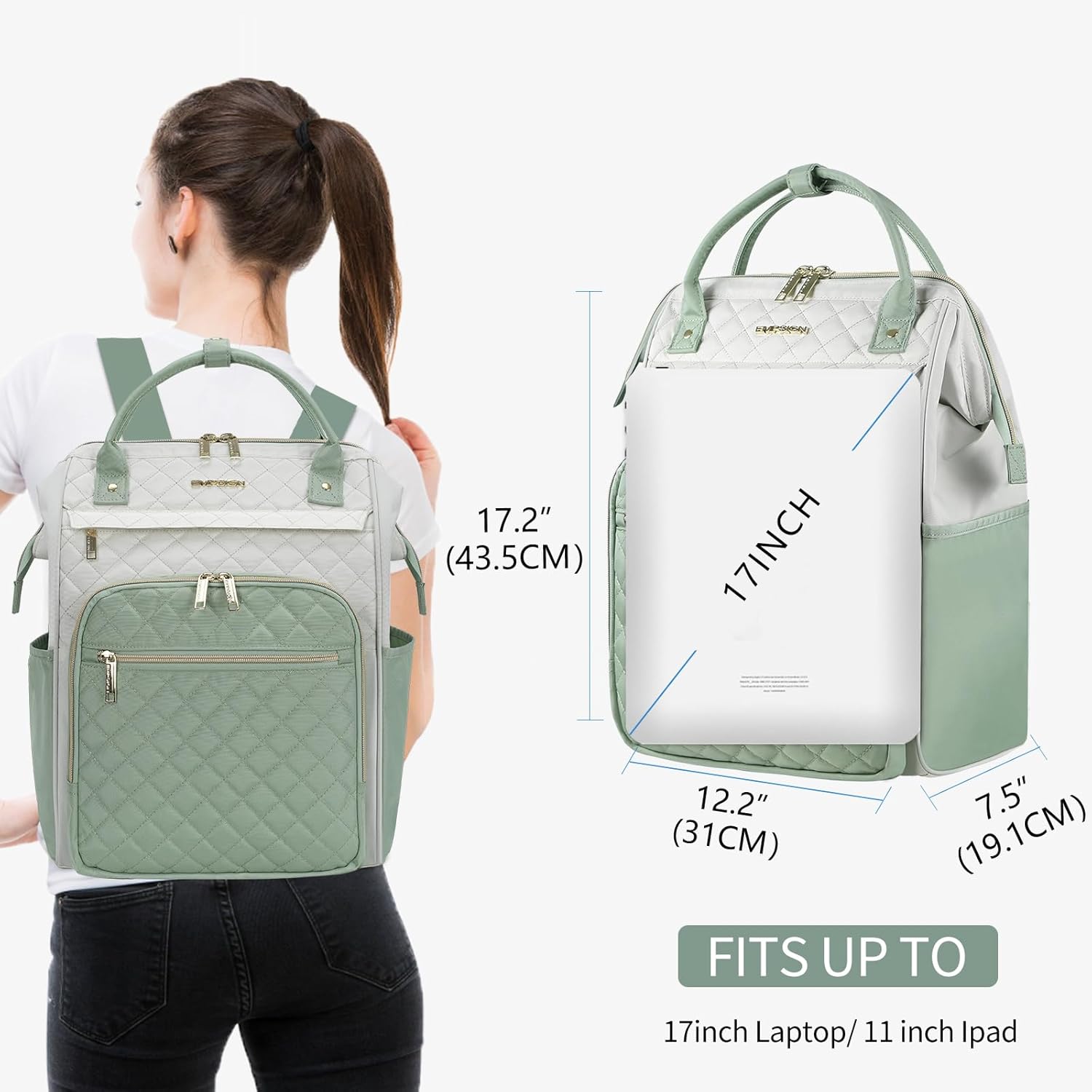 EMPSIGN 17 Inch Laptop Backpack for Women, Work Business Travel Computer College Bags, Large Capacity Water-repellent Quilted Casual Daypack, Beige-Light Green