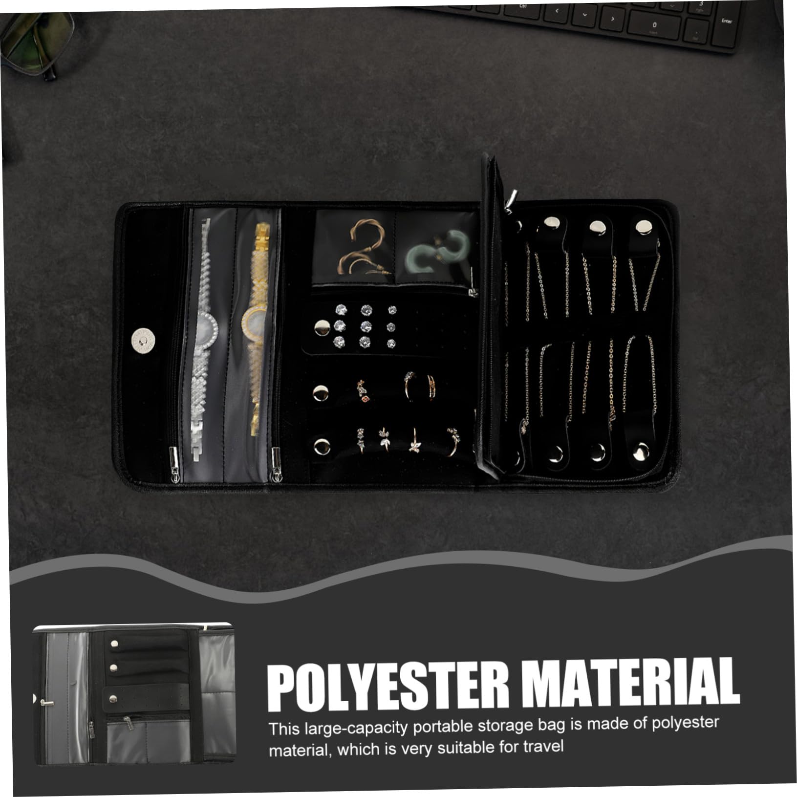 Faltbarer Reise Schmuckorganizer, Schwarz, für Halsketten und Schmuck | Pu und Polyester Ausführung, Platzsparend Zusammenlegbar, für Outdoor und Unterwegs