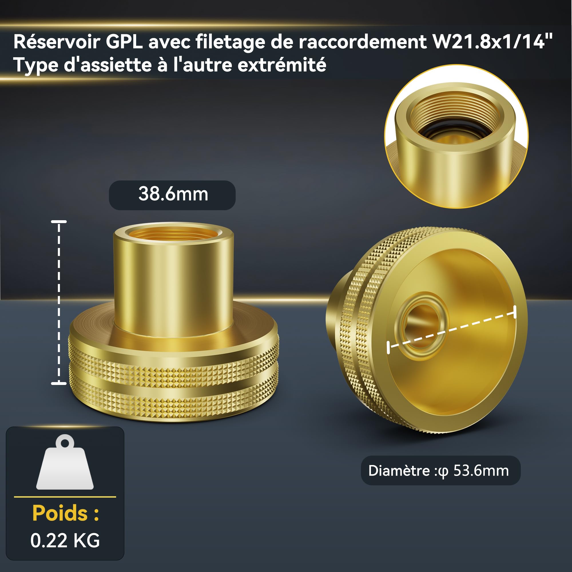 Adaptateur GPL Remplissage Bouteille de Gaz Multipays, Laiton Adaptateur GPL 21,8 mm Type Dish pour France, Italie, Allemagne de l'est, Suède, Balkans et Europe de l'est