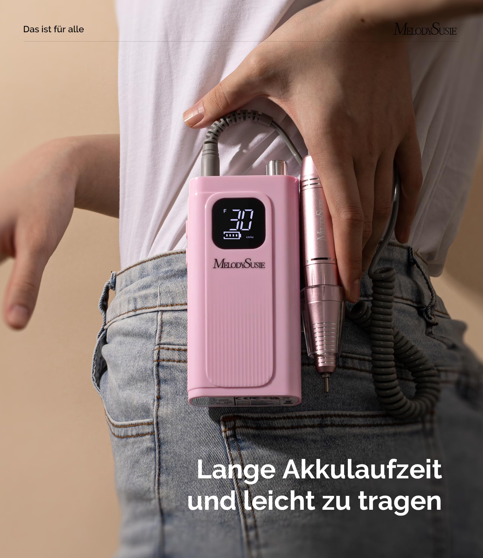 MelodySusie SC300F Aufsteckbarer Nagelfräser, Wiederaufladbare Elektrische Nagelfeile 30000 U/min, mit LCD-Display, Verstellbarer Geschwindigkeit, für Acrylnägel Gelnägel, für Salon & Zuhause