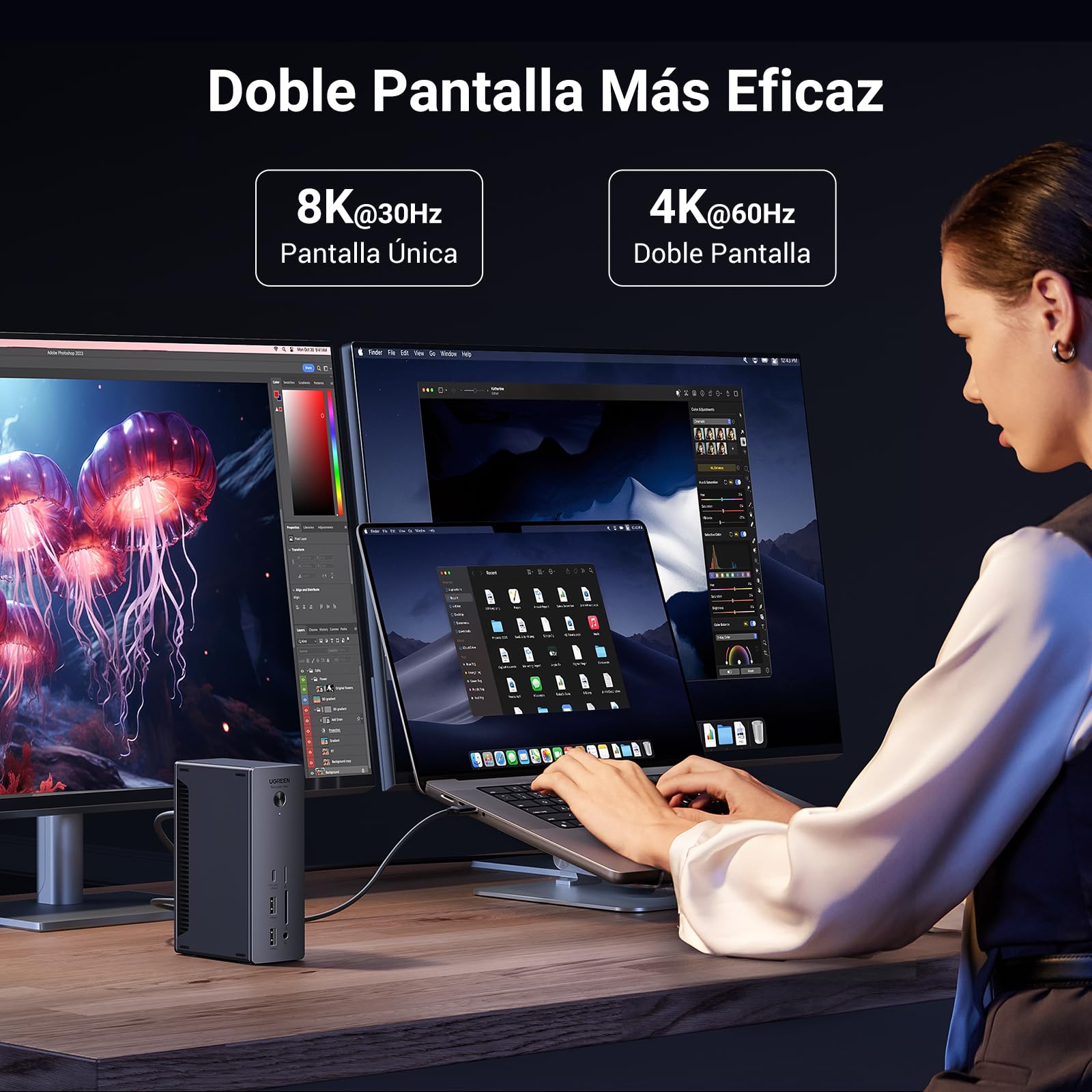 UGREEN Revodok MAX 213 Thunderbolt 4 Docking Station 13 en 1 Doble Pantalla | 2 TBT4, 1 DisplayPort, 40Gbps, Doble 4K60Hz, Único 8K30Hz, 4A1C, RJ45 2.5GbE, SD TF, Carga 90W, DC 180W, Audio 3,5 mm