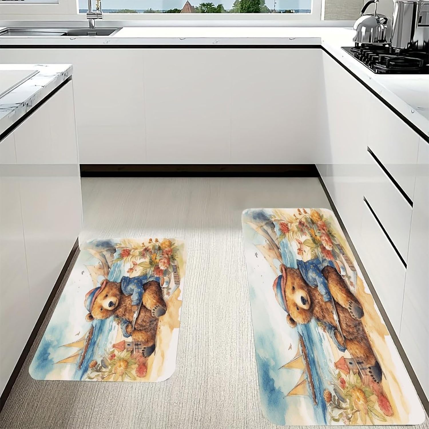 A Bear on The Beach Kitchen Mat Kitchen Rug Set | Kitchen Rugs Flannel Velvety Washable breathable Water Absorbent Soft ，kitchen utensils for Kitchen, Floor,Laundry