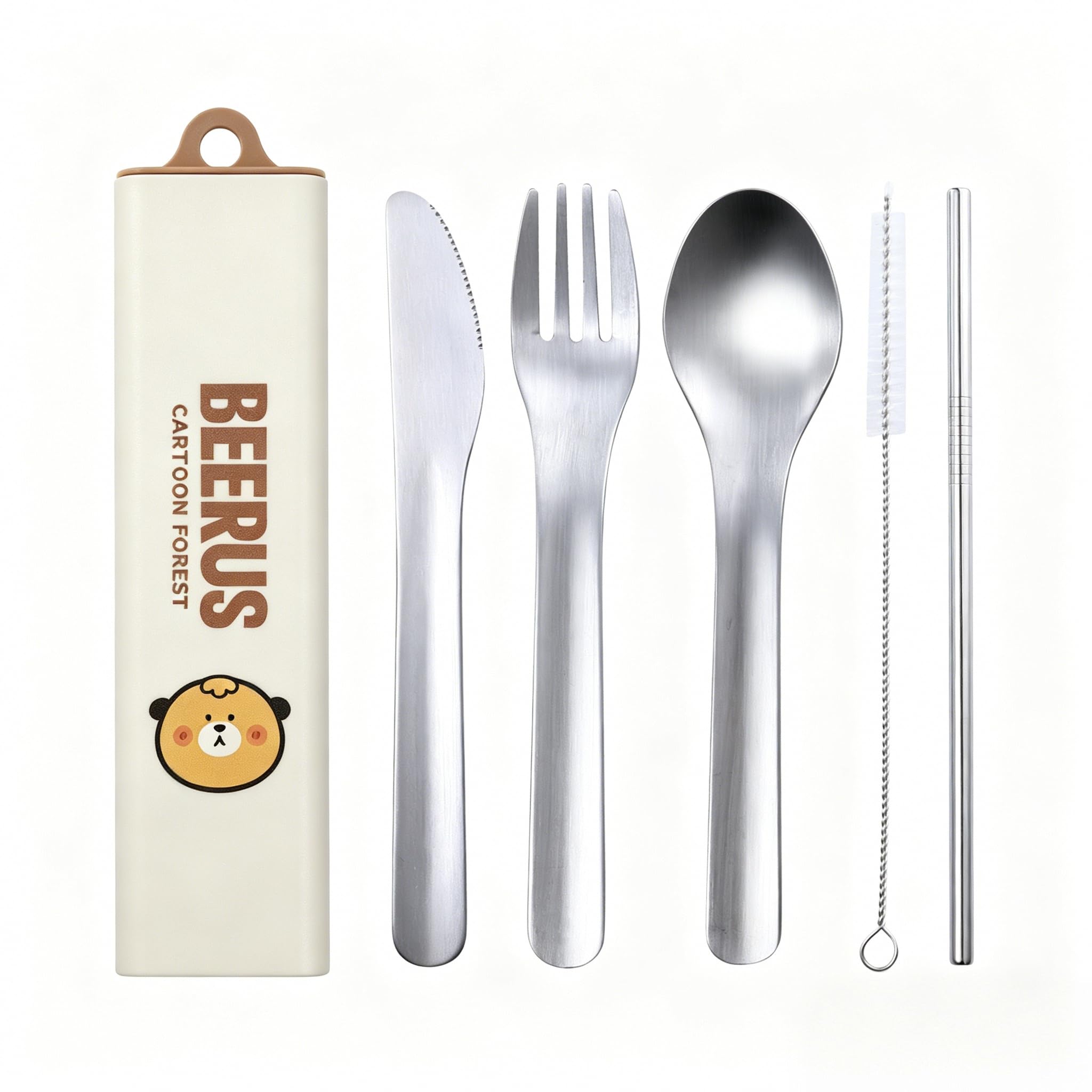 Portable Stainless Steel Travel Cutlery Set with Storage Case, 6Pcs Reusable Utensils Knife Fork Spoon Straw & Cleaning Brush, Eco Camping Cutlery for Adults Kids School Office (Ice White & Brown) โ image 1