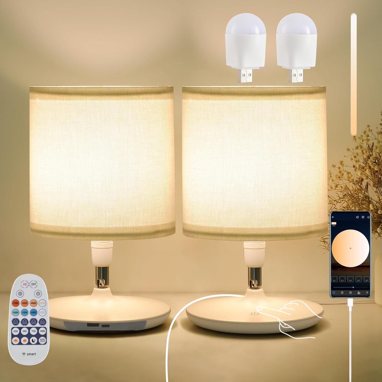 Table Lamps Set of 2 with USB C+A Ports, Table Lamp for Living Room Bedroom, Bedside Lamps for Nightstand with 2 Dimmable LED Bulbs Included