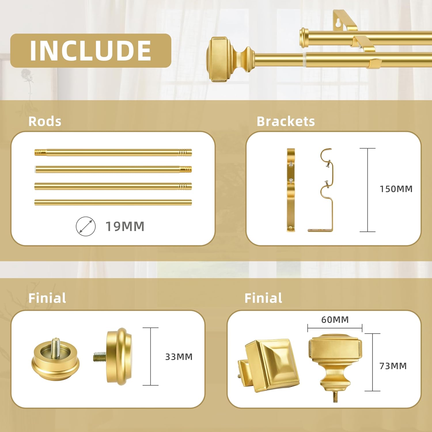 Double Curtain Rod with Square Finials，3/4-Inch Diameter,Adjusts Rod Length from 30 to 126 Inch,Gold