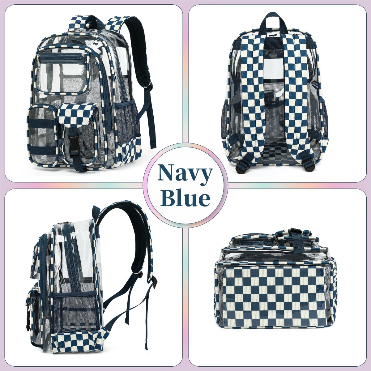 Transparenter Rucksack für Jungen und Mädchen, strapazierfähig, transparente PVC-Tasche für Schule, Reisen, Arbeit und den täglichen Gebrauch, Kariertes Marineblau, 16.5x6.30x11.80 inches