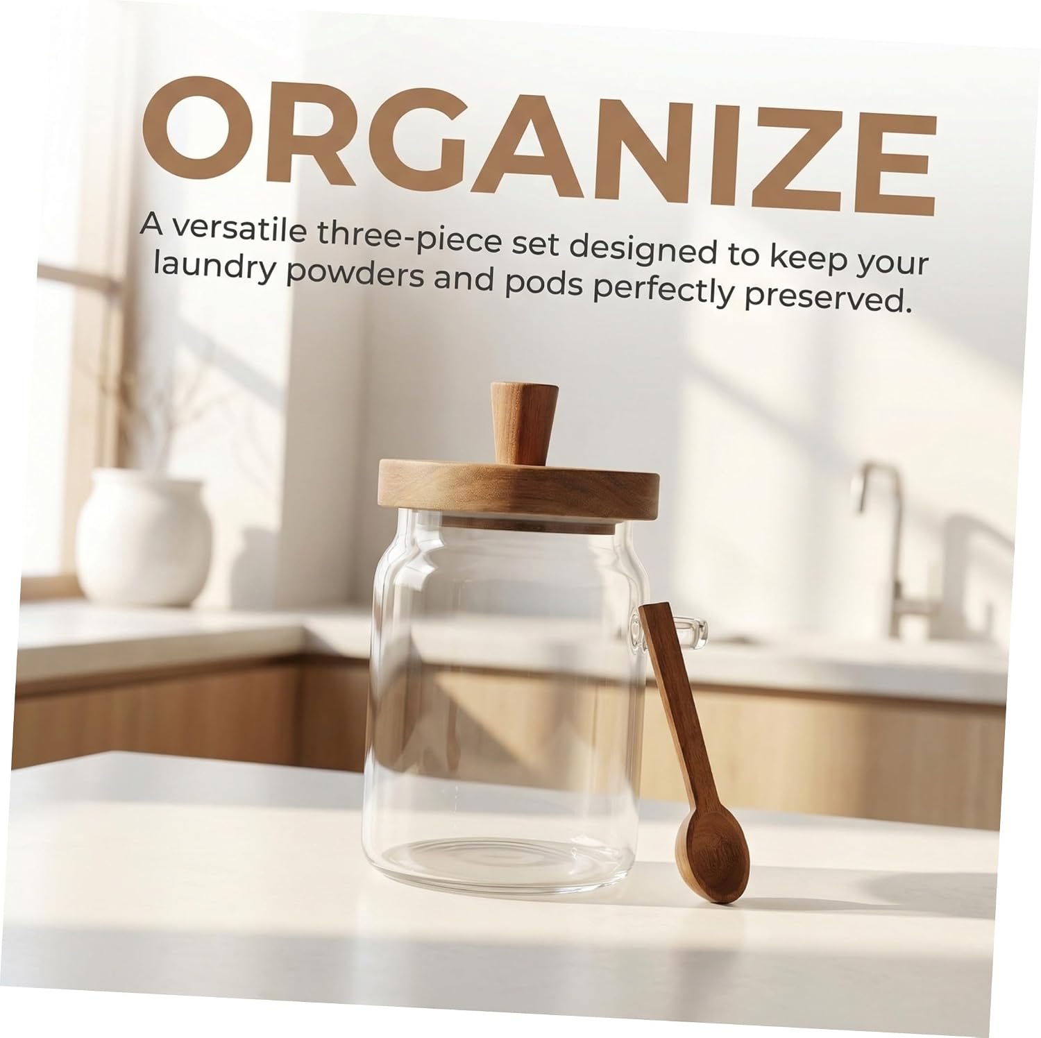 KOMBIUDA Laundry Powder Container Set 400ml 600ml 900ml Capacity 3pcs with Wooden Lid and Scoop Glass Laundry Organizer Jars for Precise Measurement and Effortless Cleaning