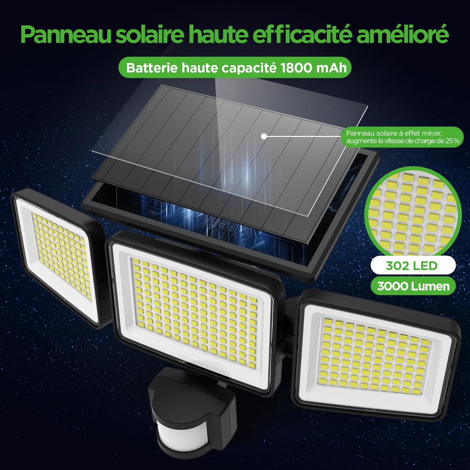 UME Lampe Solaire Extérieure, 302 LED, 1500 lm, Imperméable, Détecteur de Mouvement, Projecteur 3 Têtes, Angle d’éclairage large 270°, 3 Modes d’éclairage, Luminaire Extérieur pour Jardin