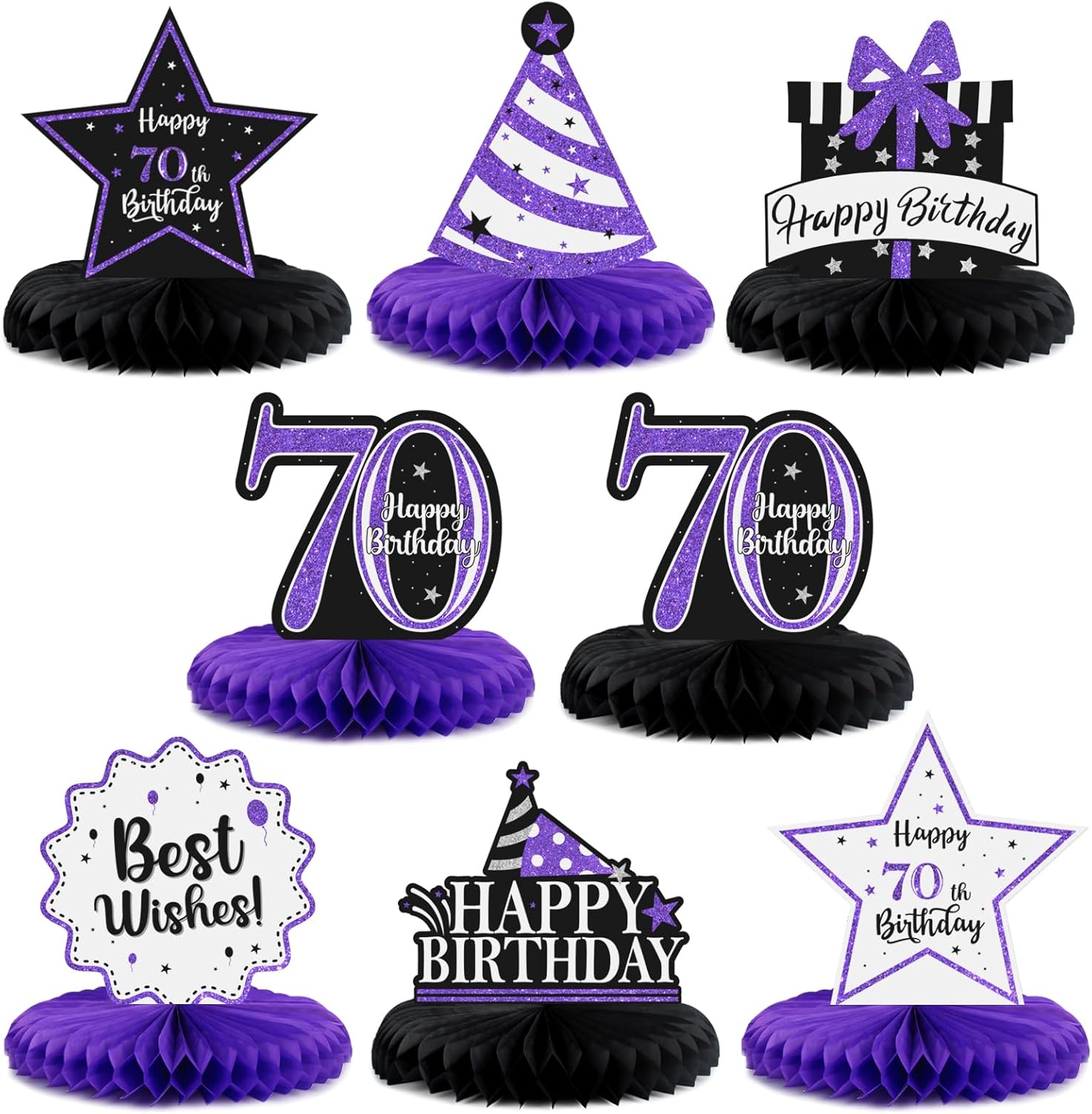 Happy 70th Birthday Decorations,70th Bday Purple Glitter Shiny Stand Honeycomb Table Centerpieces - Cheers to Seventy Years Old Birthday Party Photoprop Gift Sign.