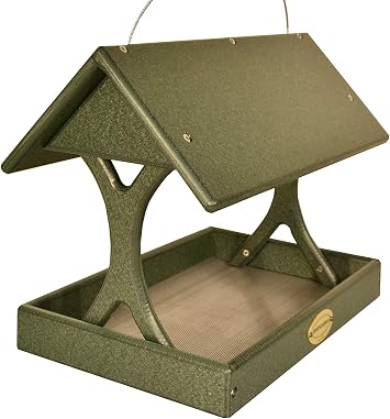 DutchCrafters Poly Plastic Hanging Fly Through Bird Feeder, Covered Fly-Thru Mesh Tray Wild Bird Feeder - Amish Made in USA Hanging, Turf Green & Turf Green