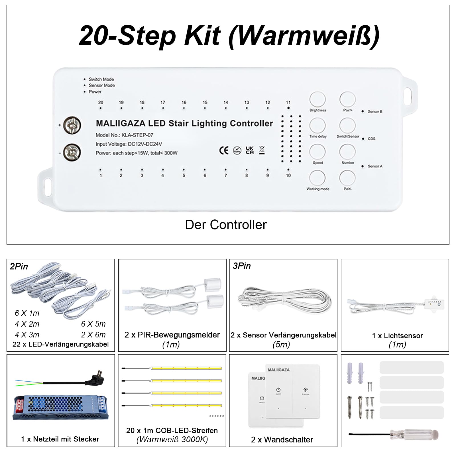Smart LED Treppenbeleuchtung 20 Stufen Warmweiß 3000K – Intelligentes Automatisches Treppenlicht System mit Bewegungssensor, Lichtsensor & Doppelschalter, Einfache Installation, Innenlicht Set
