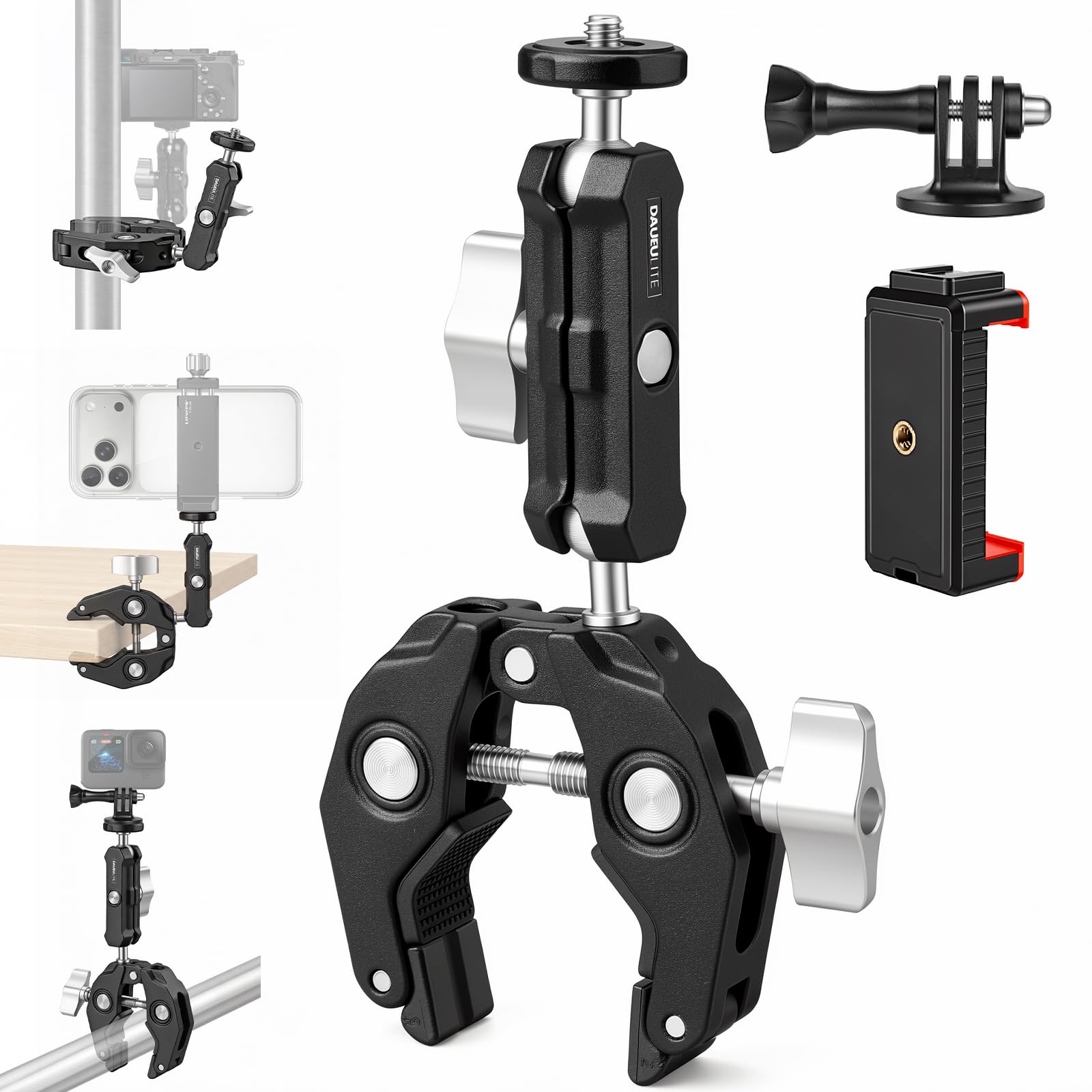 Super zacisk, podwójna głowica kulowa magiczne ramię, zimna stopka, gwint 1/4 cala, adapter do montażu na telefon/kamerę sportową, do aparatu Canon Nikon DSLR/Gopro/LED Lights/Ronin-M/Ronin MX/Freefly
