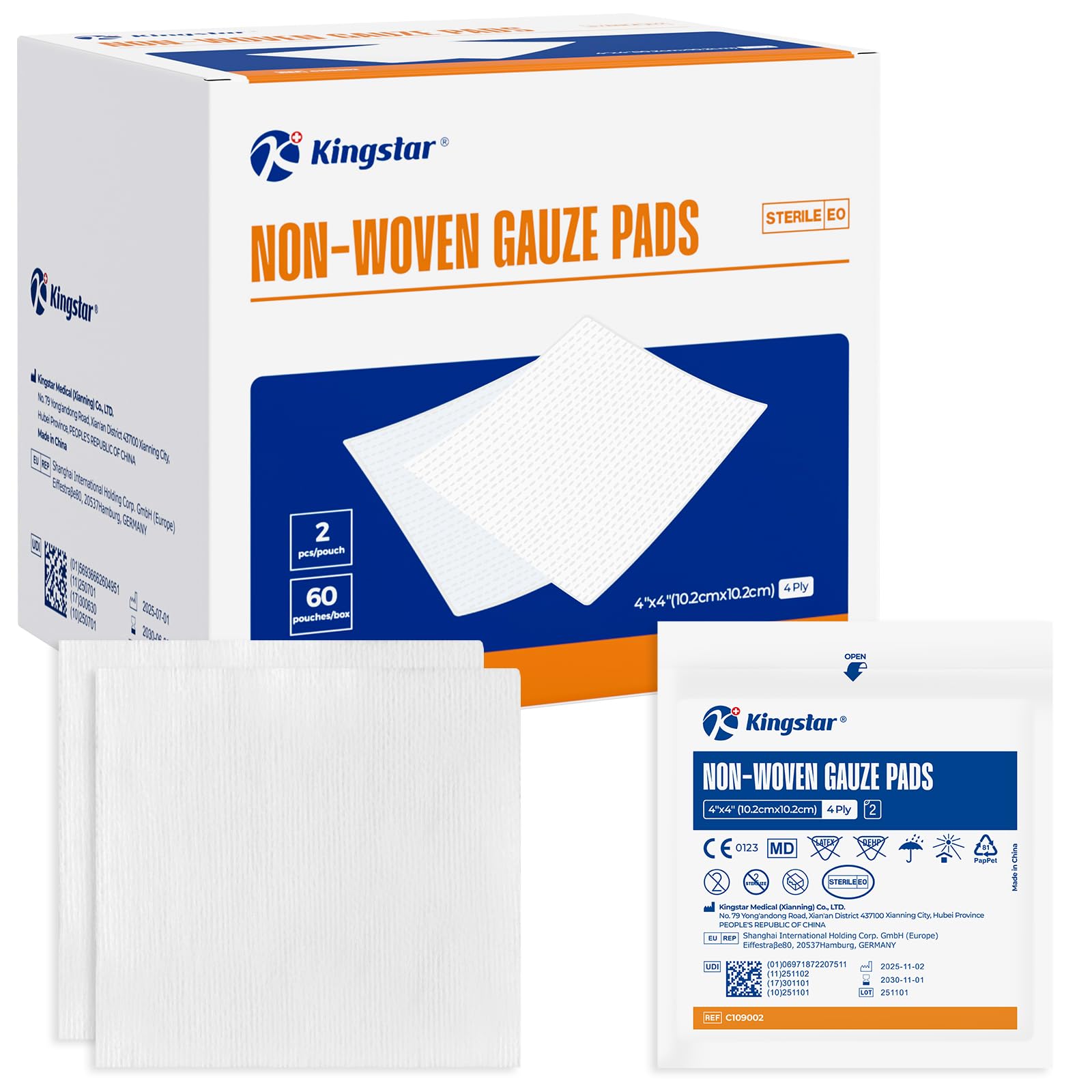 Kingstar Sterile Nonwoven Gauze Pads, 4"x 4", 60 Packs - 120 Pieces