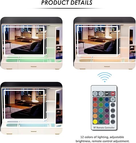 Miniatura 7 de Escritorio de tocador con espejo y luces, mesa de tocador de maquillaje con parte superior de cristal y 7 cajones y taburete acolchado, tocador con